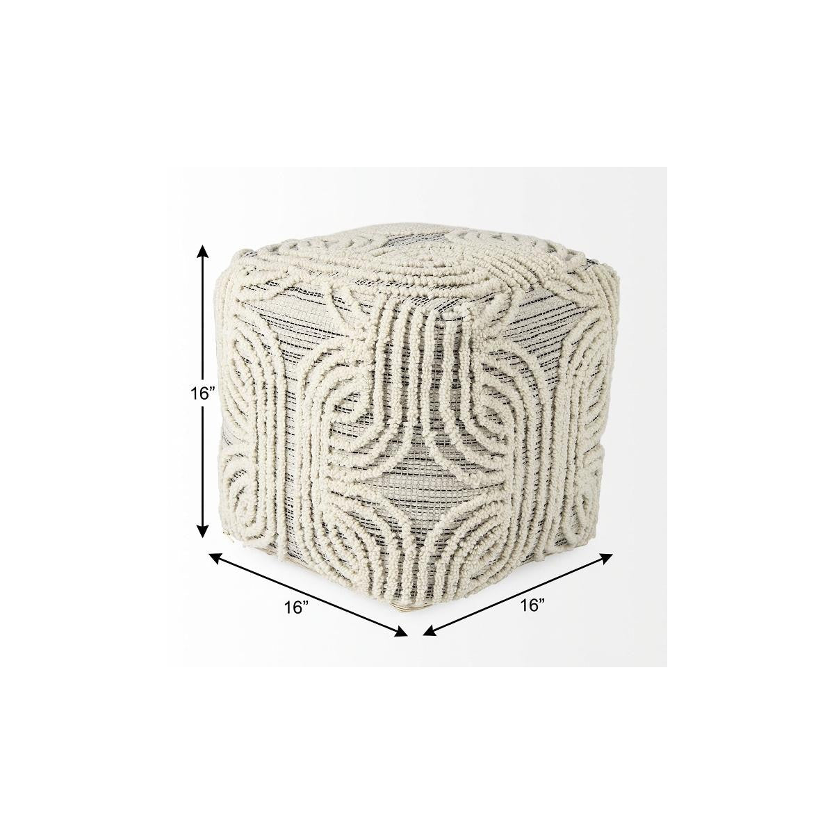 16" Beige Cream and Gray Cotton and Wool Geometric Cube Pouf Ottoman - Living Room