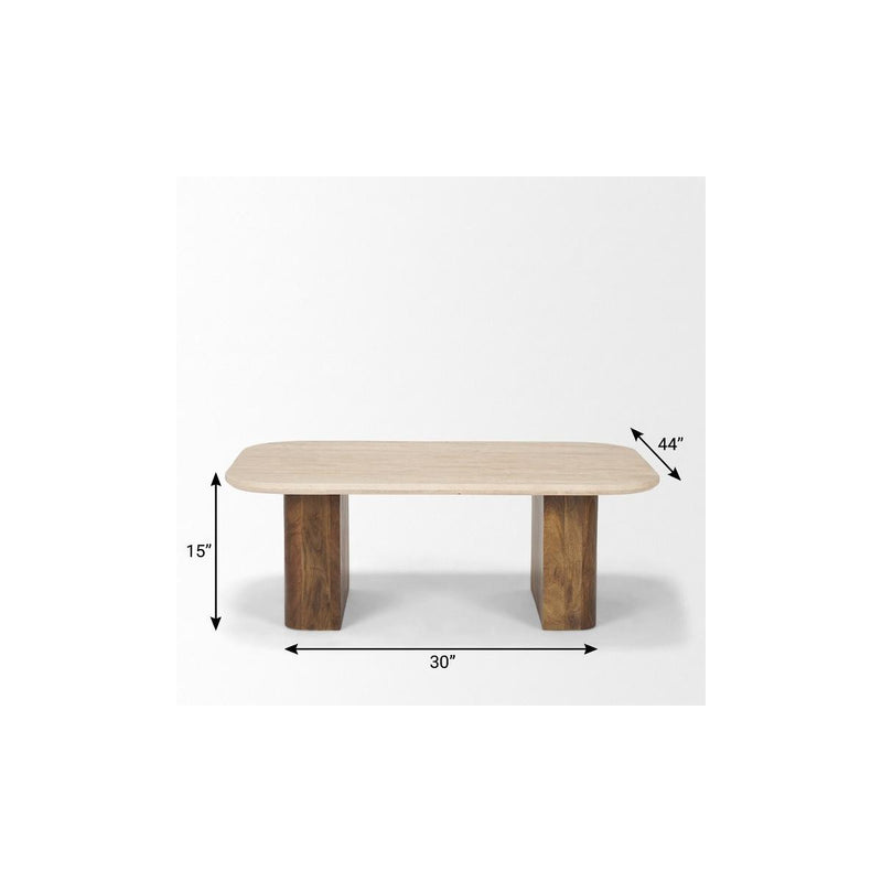 Beige stone coffee table dimensions: 30" wide, 15" high, 44" length