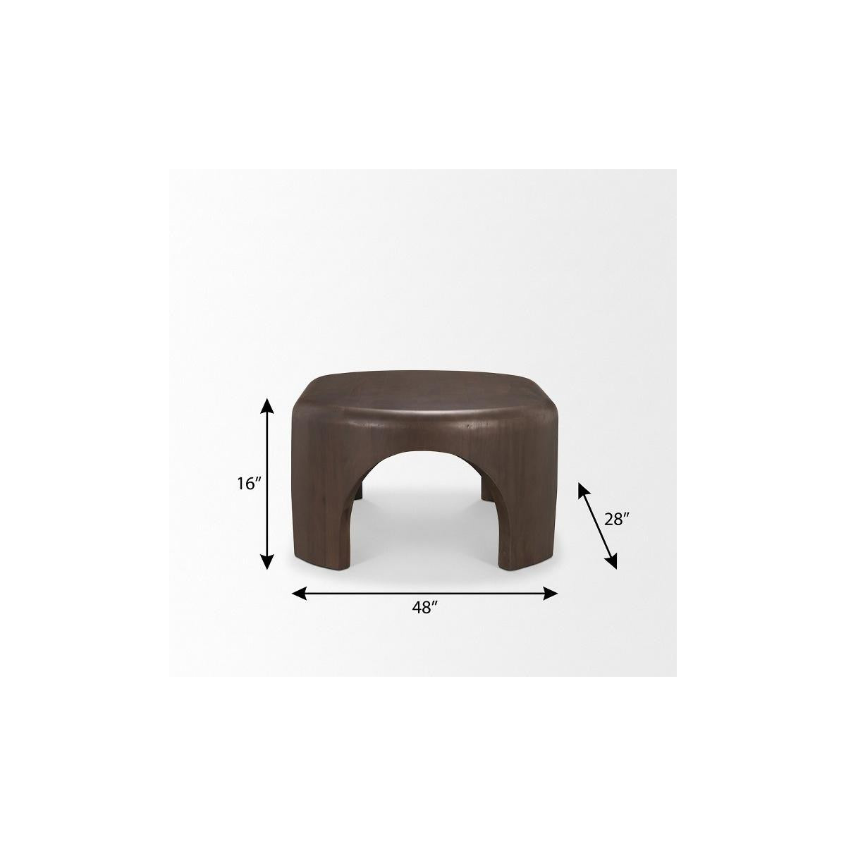 Brown oval wood coffee table, 48 in wide, 28 in deep, 16 in high.