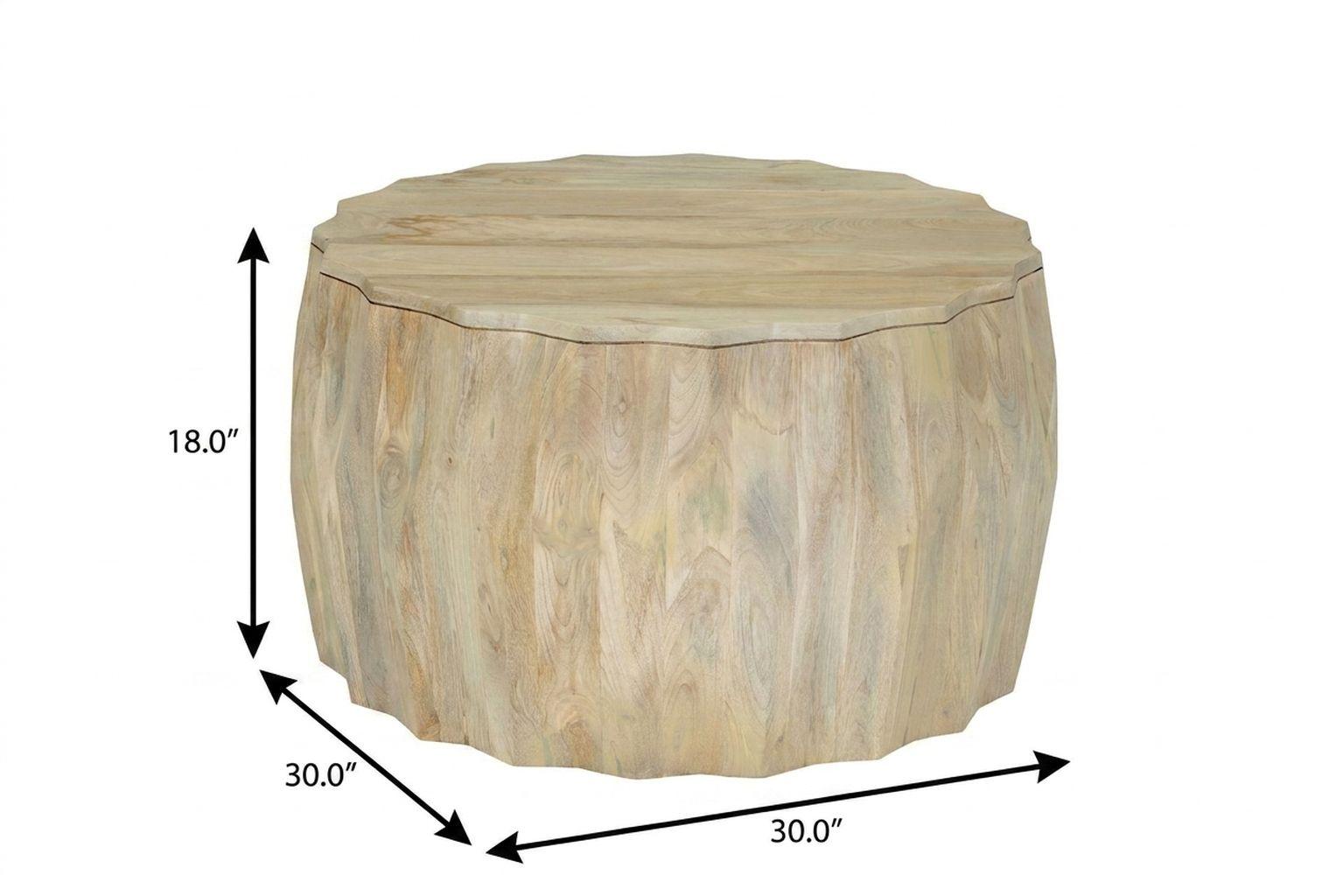 Natural wood round drum coffee table, 30 in diameter and 18 in height