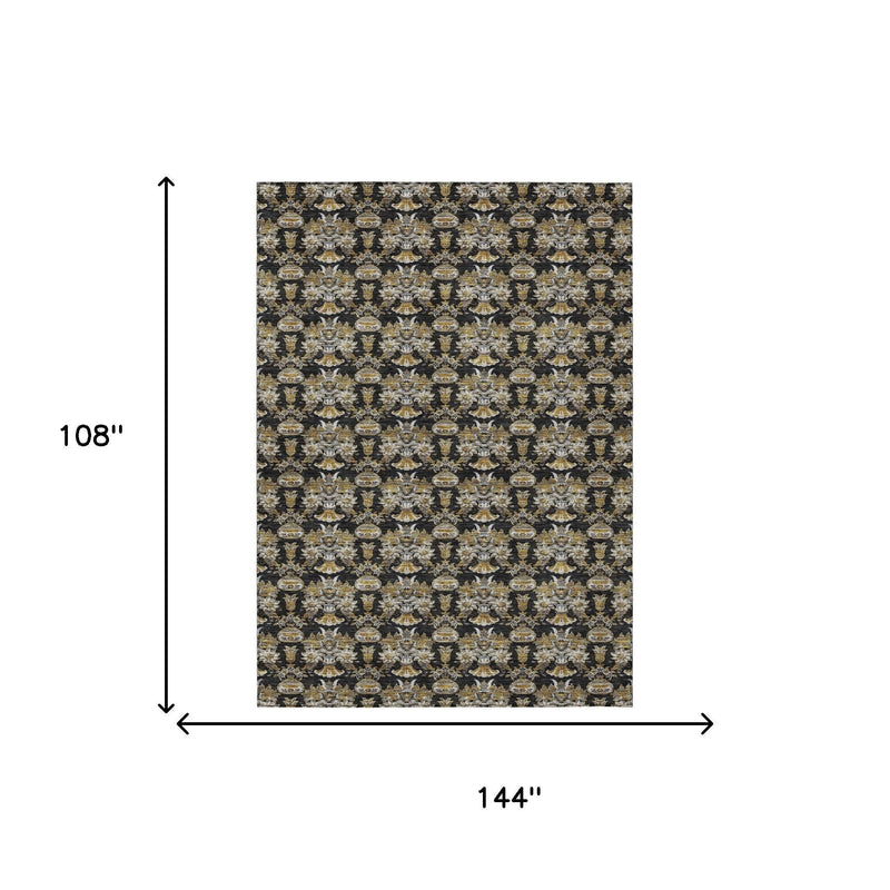 Black rectangular area rug, 108 x 144 in, wheat and cream ornamental floral medallion