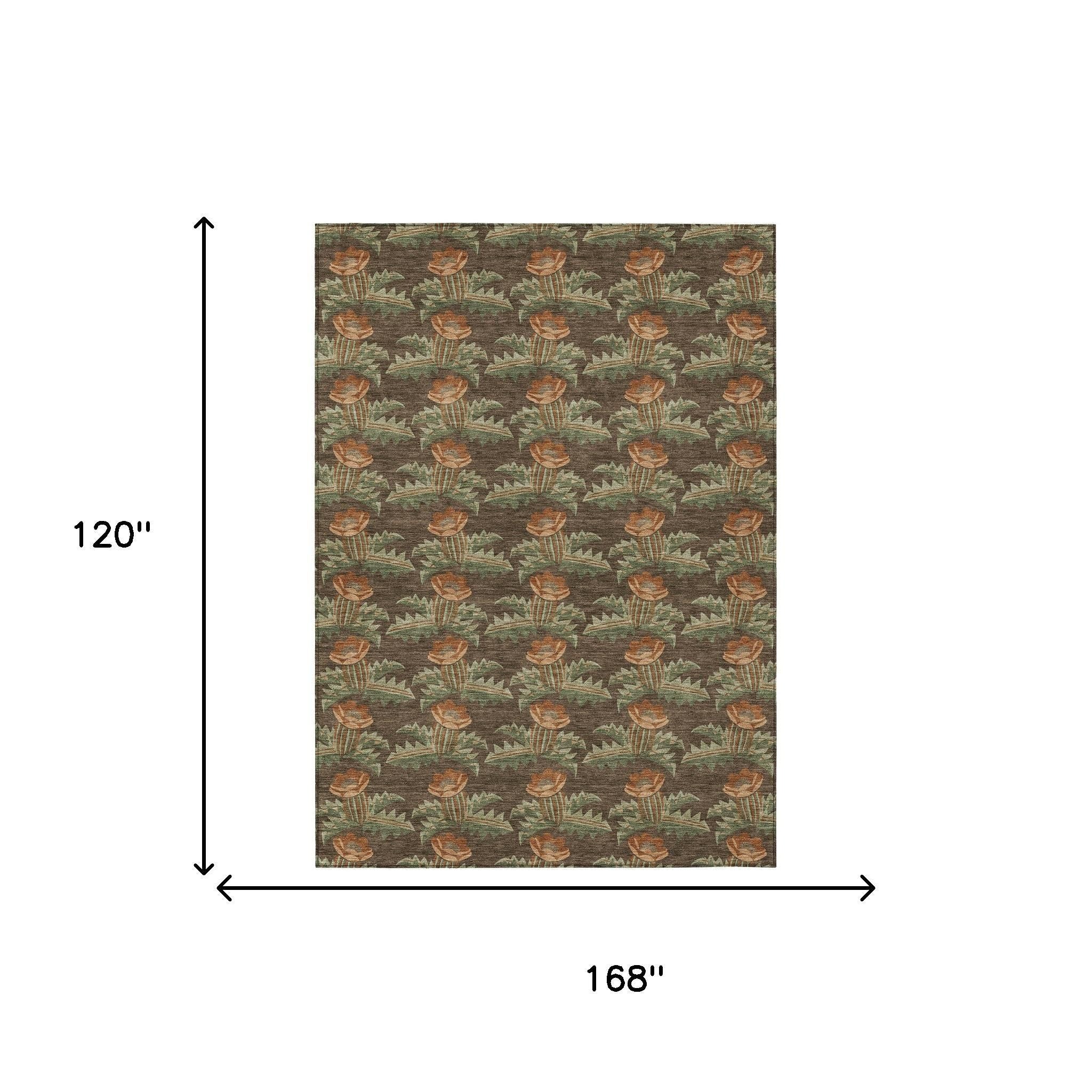 10' X 14' Chocolate And Graphite Floral Washable Indoor Outdoor Area Rug - Sports & Outdoor