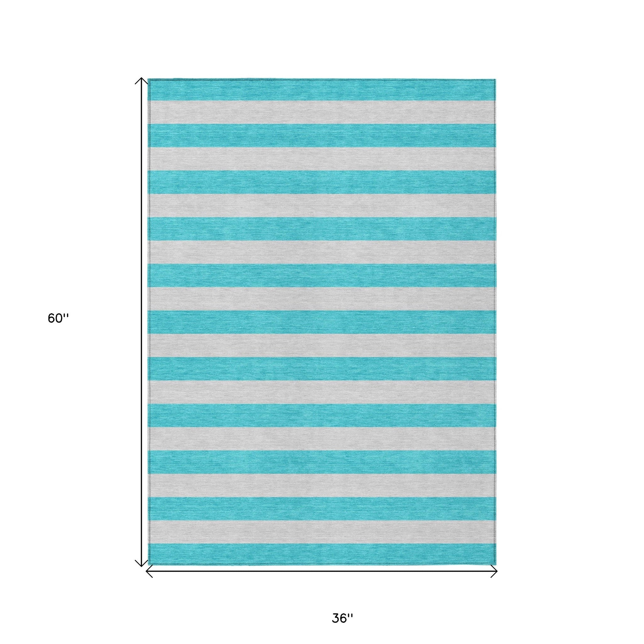 3' X 5' Turquoise Striped Washable Non Skid Indoor Outdoor Area Rug - Outdoor