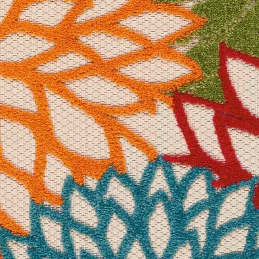 6' Runner Ivory Blue and Orange Floral Indoor Outdoor Area Rug - Outdoor