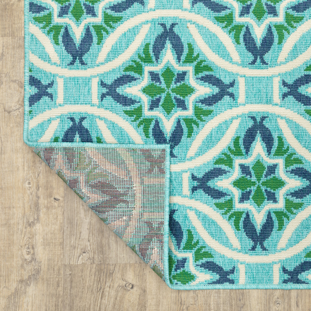 2' X 3' Blue and Green Geometric Stain Resistant Indoor Outdoor Area Rug - Outdoor