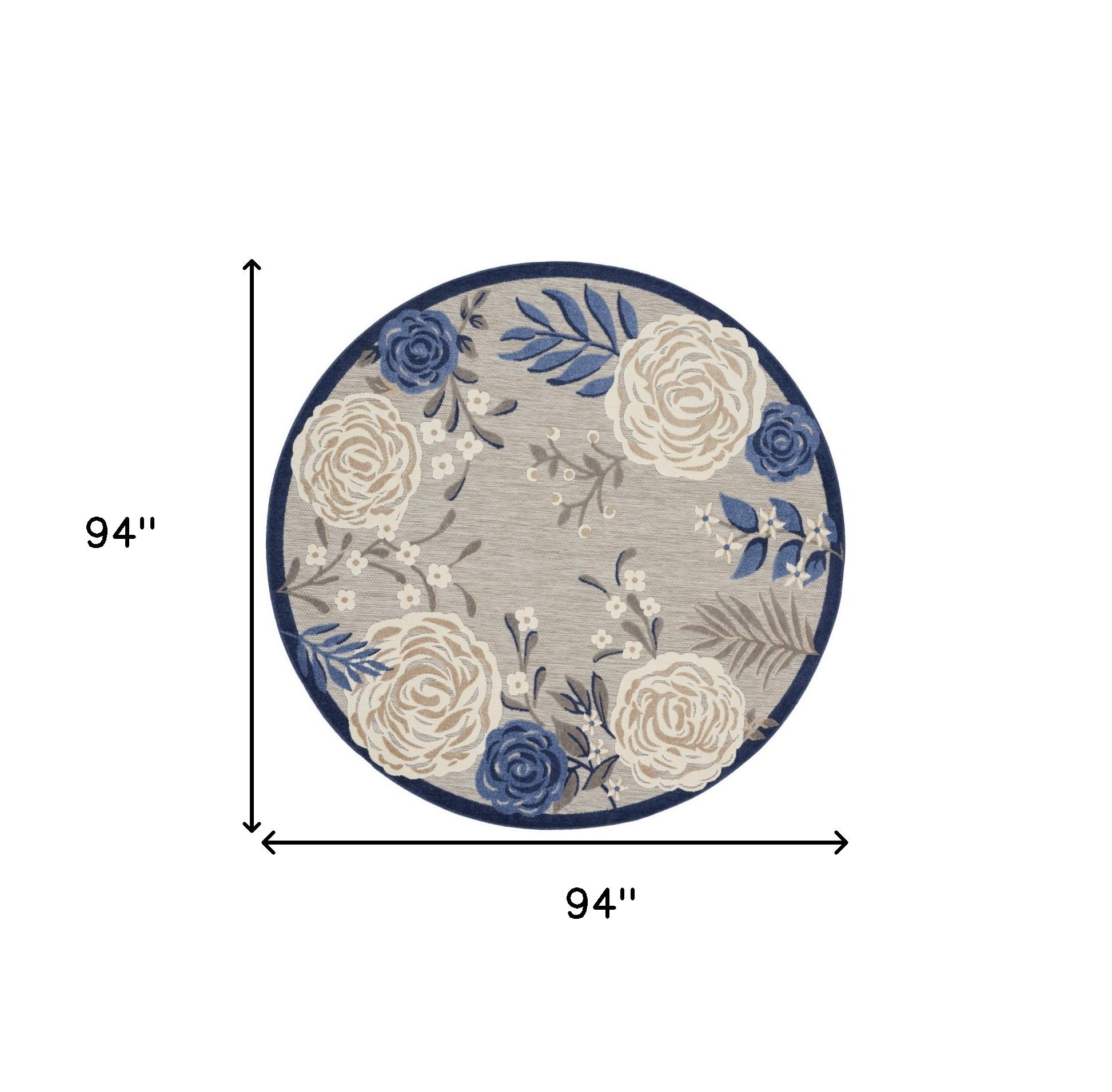 8' Blue and Gray Round Floral Indoor Outdoor Area Rug - Outdoor