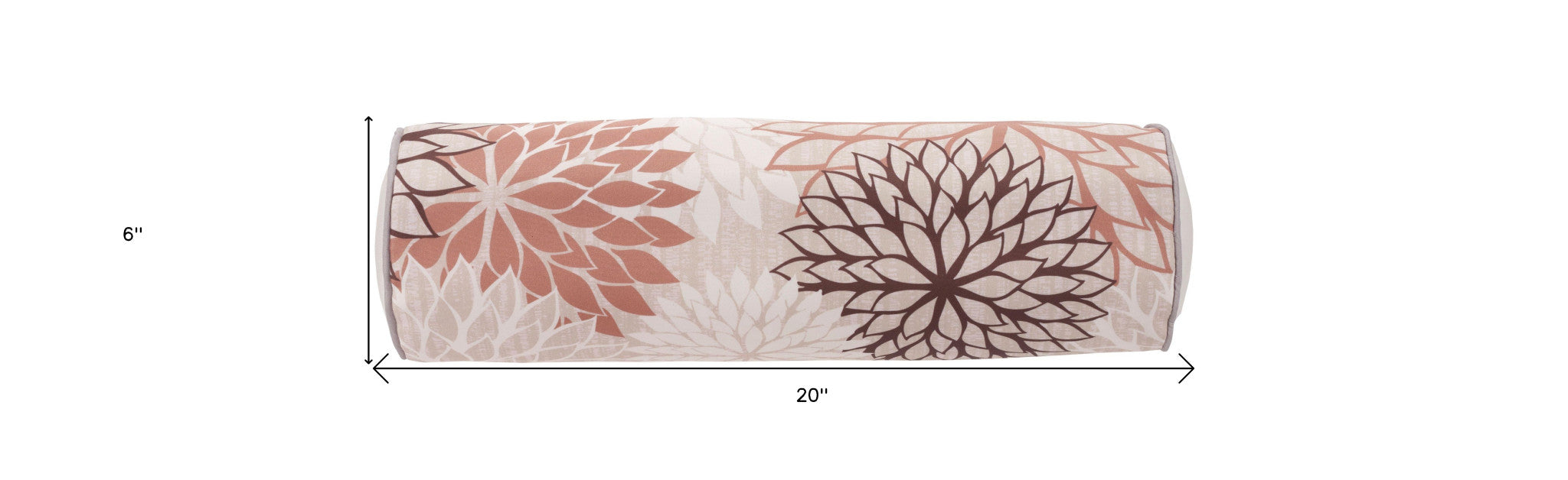 Floral bolster throw pillow shown with size markings; beige with brown and ivory flower design.