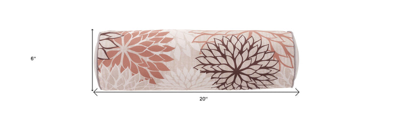 Floral bolster throw pillow shown with size markings; beige with brown and ivory flower design.