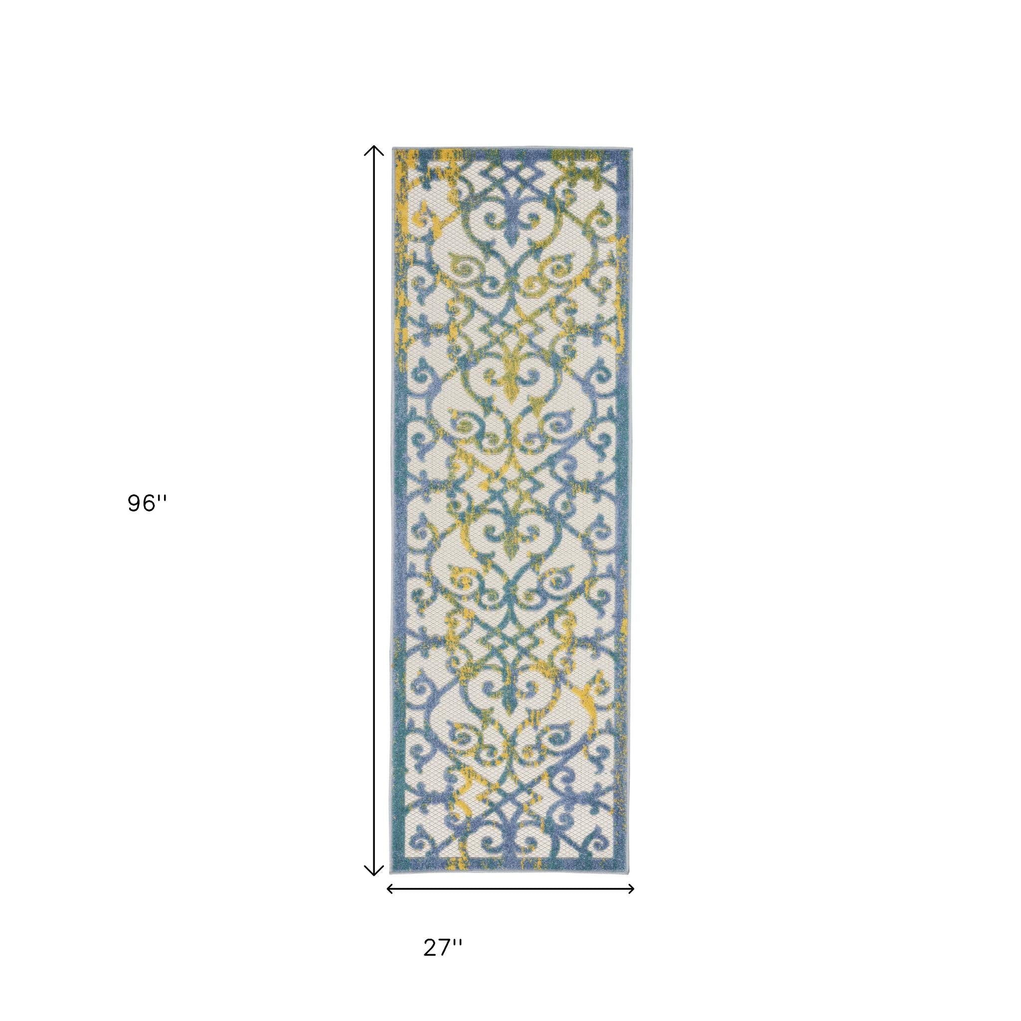 8' Ivory And Blue Indoor Outdoor Area Rug - Outdoor
