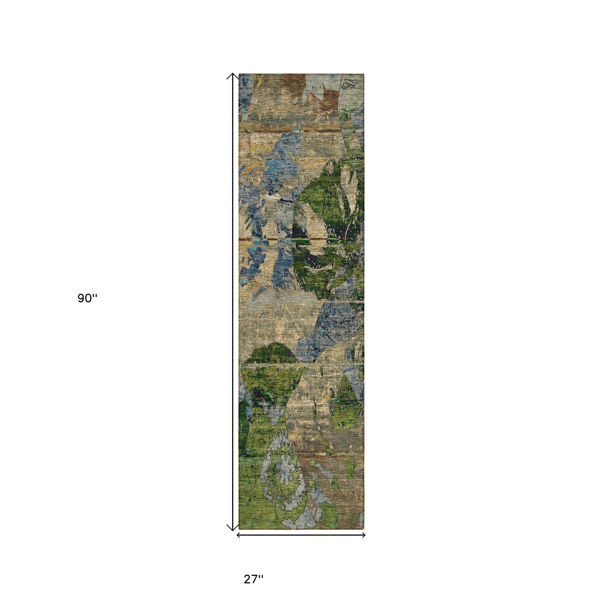 8' Runner Taupe Blue and Green Floral Washable Non Skid Indoor Outdoor Runner Rug - Sports & Outdoor
