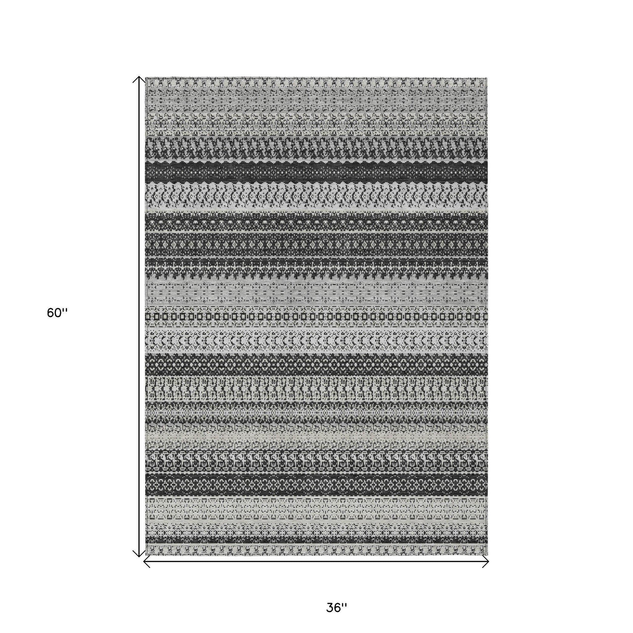 3' X 5' Black Striped Washable Indoor Outdoor Area Rug - Outdoor