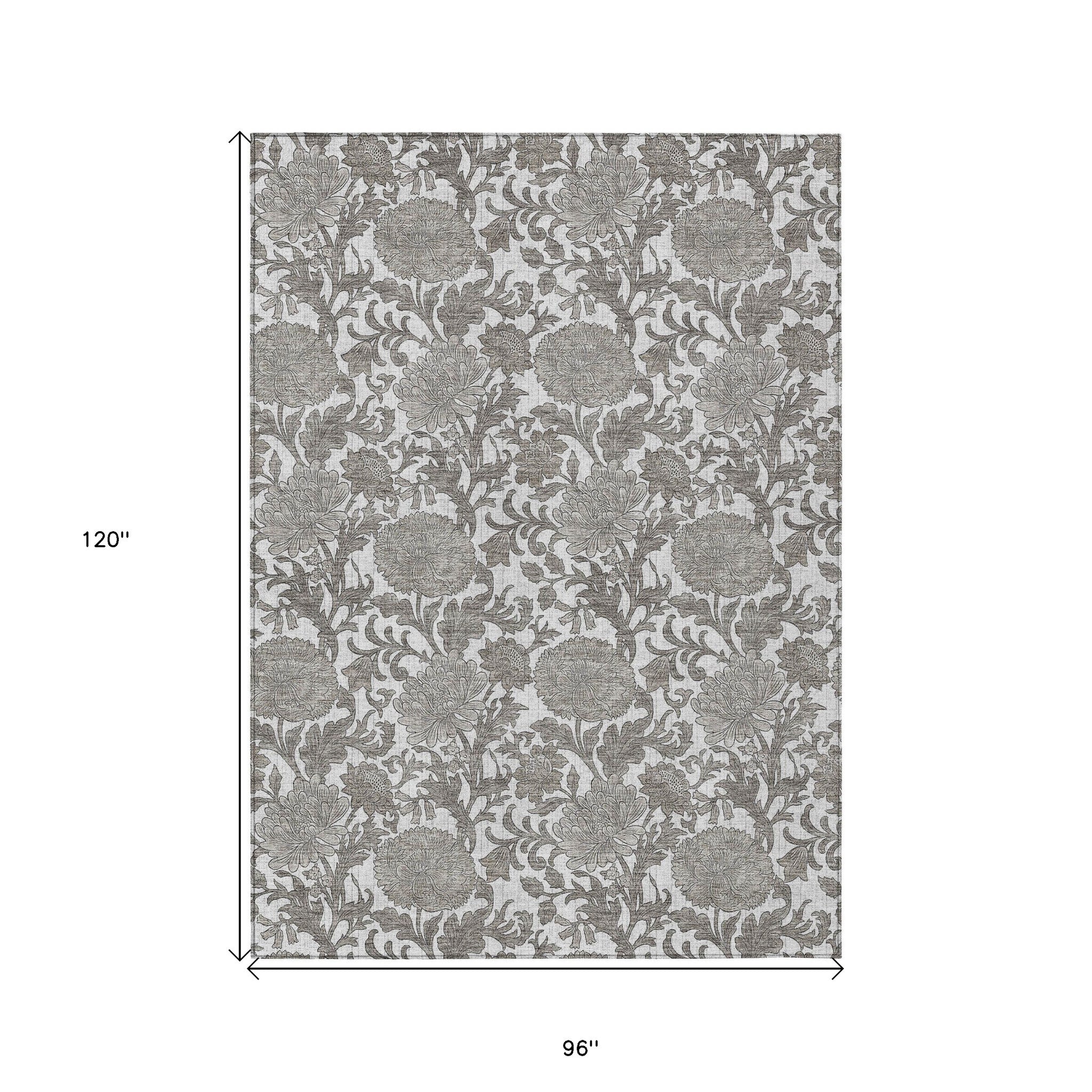 8' X 10' Ivory And Gray Floral Washable Indoor Outdoor Area Rug - Outdoor