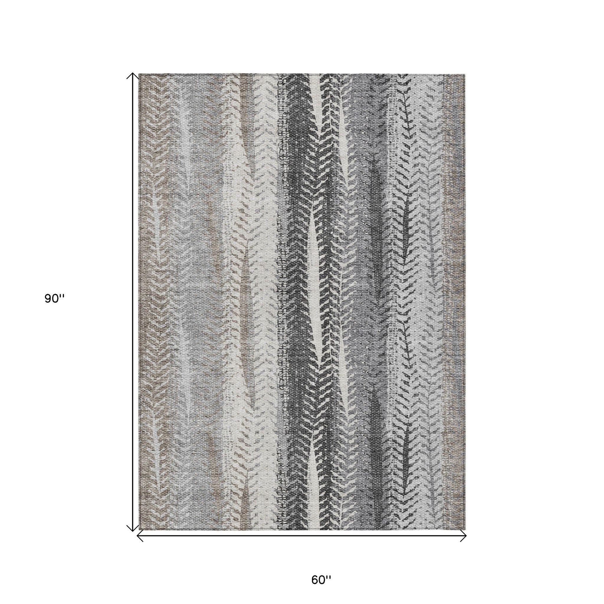 5' X 8' Khaki Ivory And Gray Botanical Leaves Washable Indoor Outdoor Area Rug - Sports & Outdoor