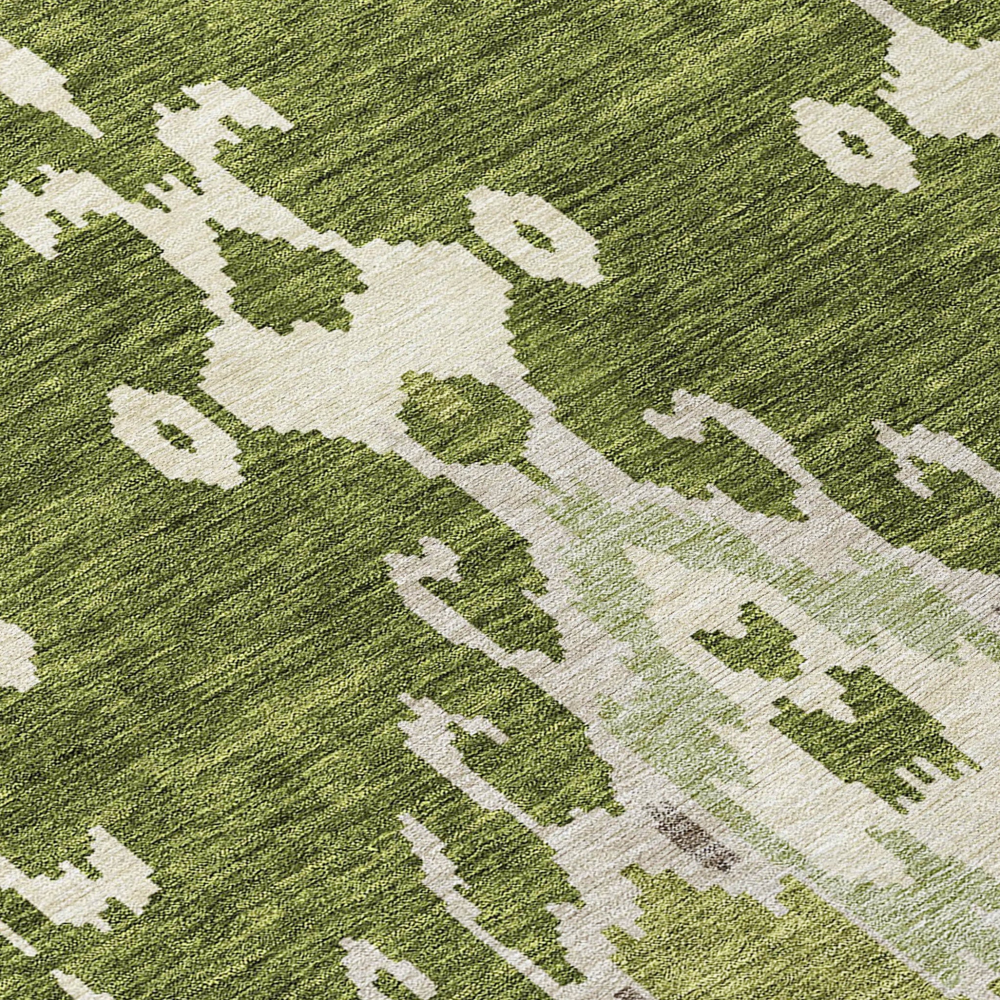 5' X 8' Olive Green And Artichoke Green Ikat Washable Indoor Outdoor Area Rug - Outdoor