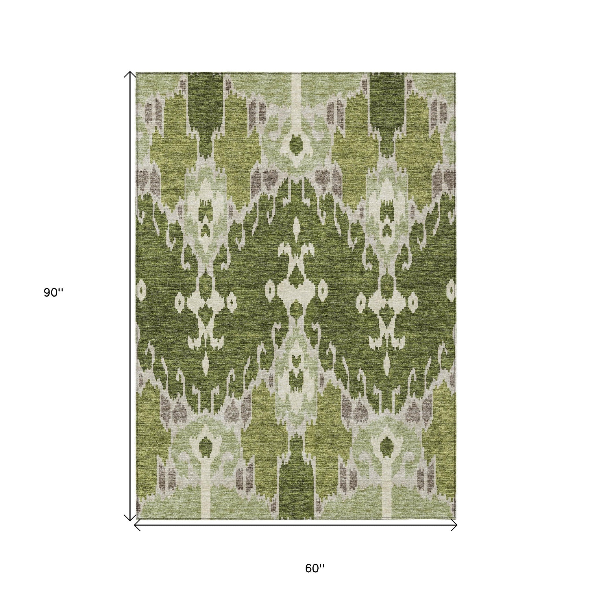 5' X 8' Olive Green And Artichoke Green Ikat Washable Indoor Outdoor Area Rug - Outdoor