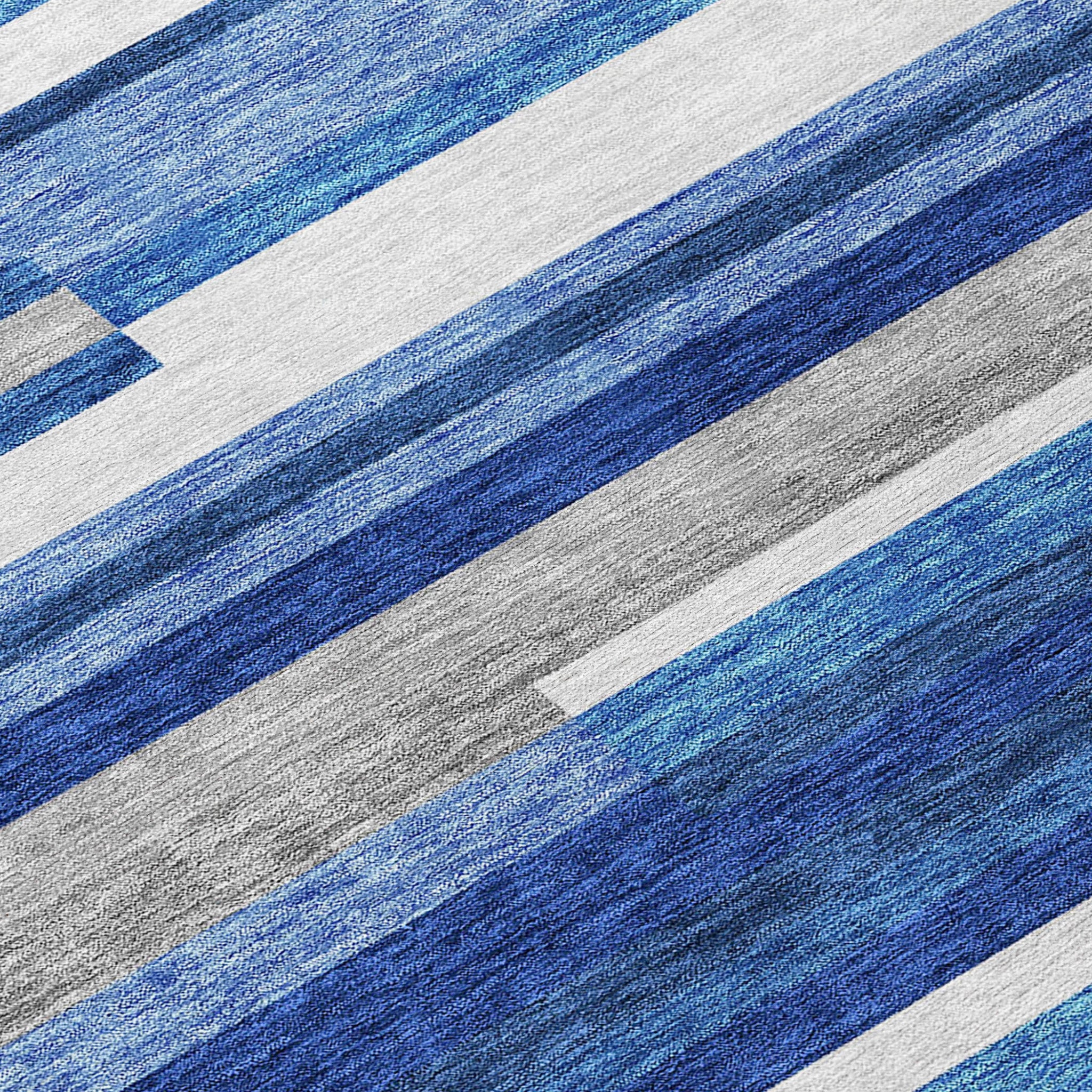 10' X 14' Navy Blue And Denim Blue Striped Washable Indoor Outdoor Area Rug - Outdoor