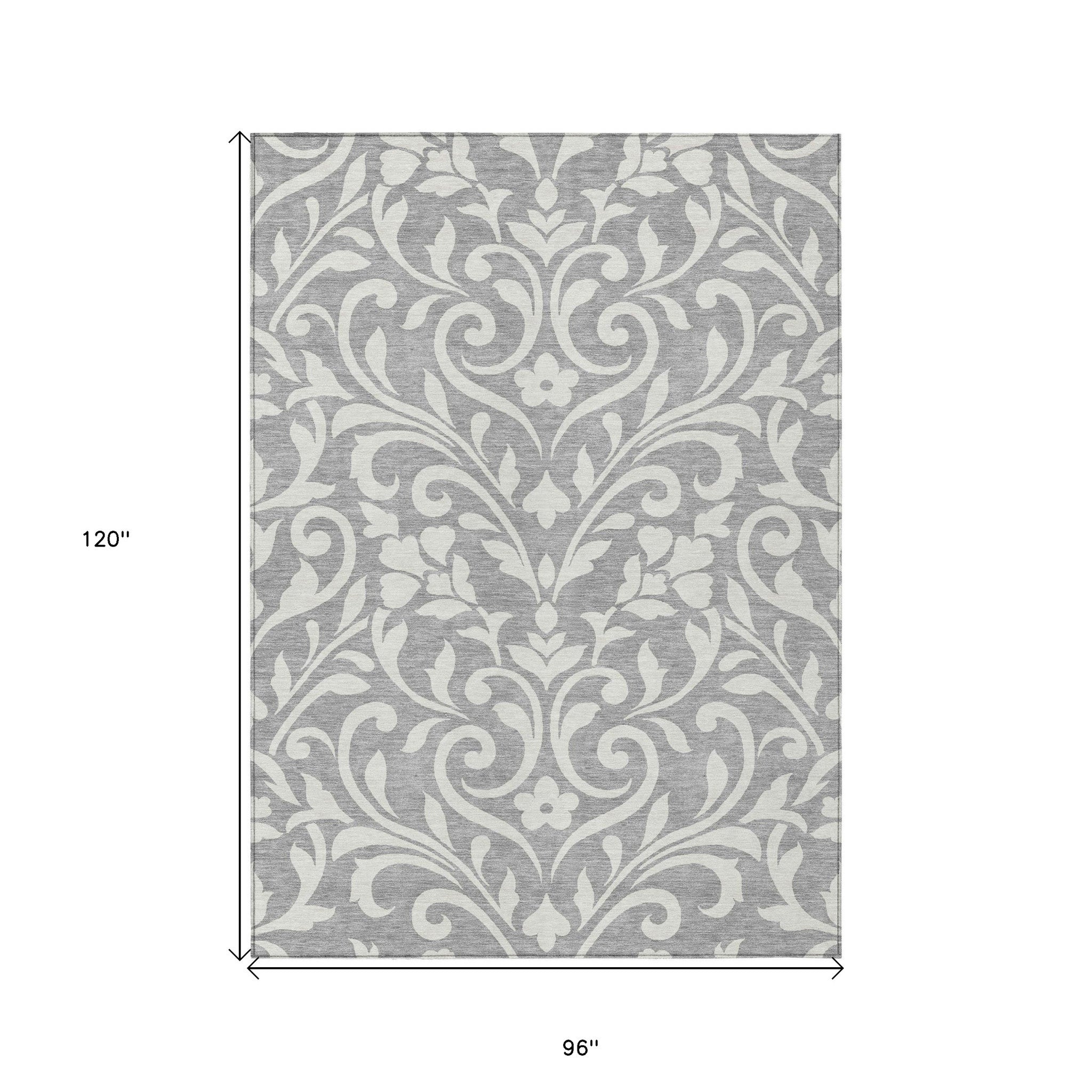 8' X 10' Gray And Ivory Floral Washable Indoor Outdoor Area Rug - Outdoor