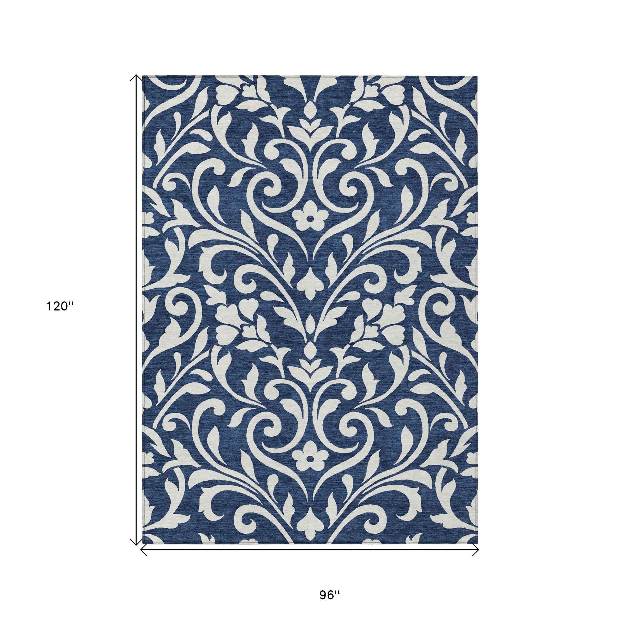 8' X 10' Navy Blue And Ivory Floral Washable Indoor Outdoor Area Rug - Outdoor