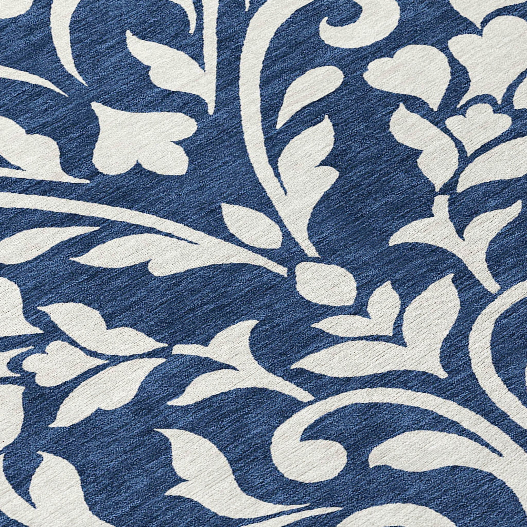 8' X 10' Navy Blue And Ivory Floral Washable Indoor Outdoor Area Rug - Outdoor