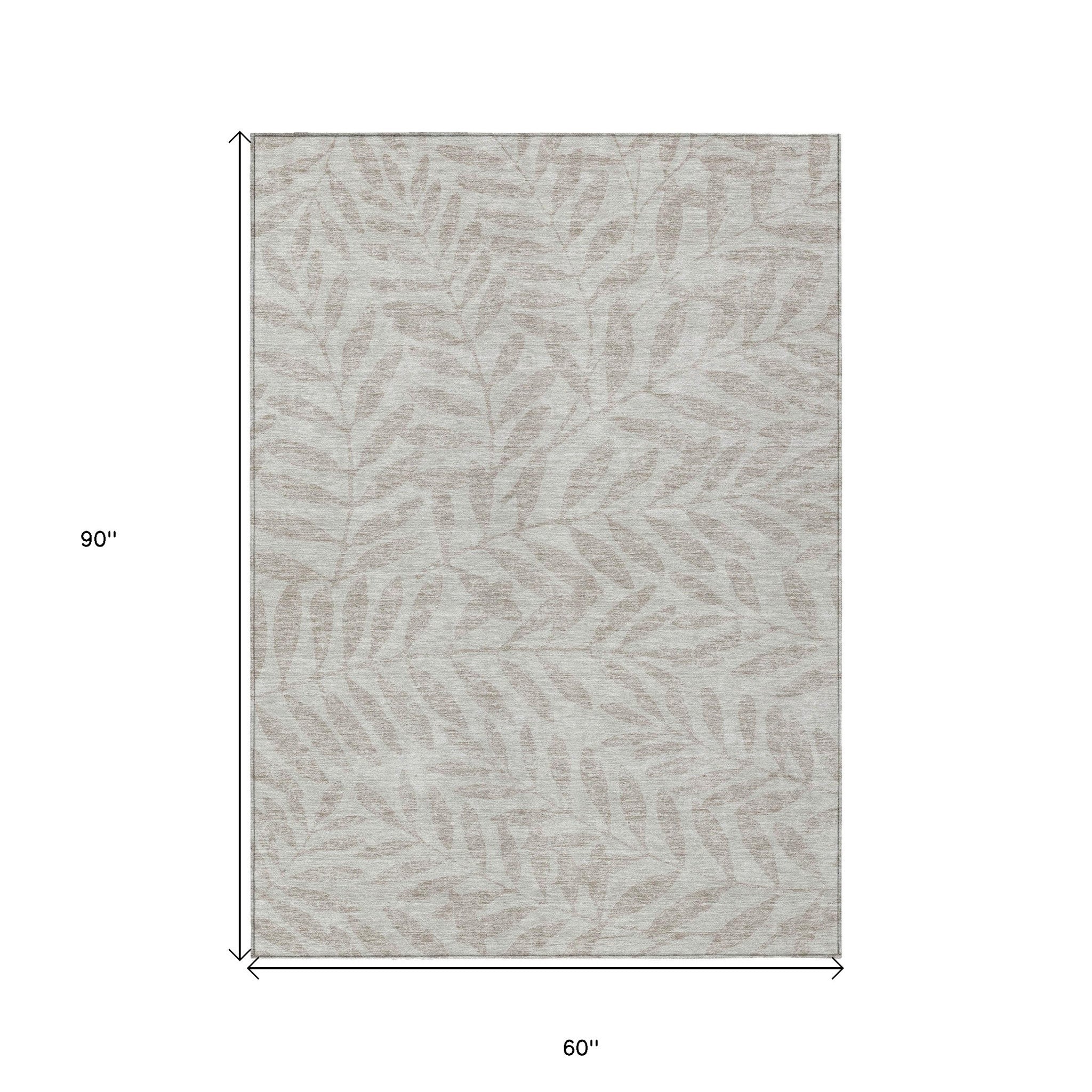 5' X 8' Taupe And Beige Floral Washable Indoor Outdoor Area Rug - Outdoor