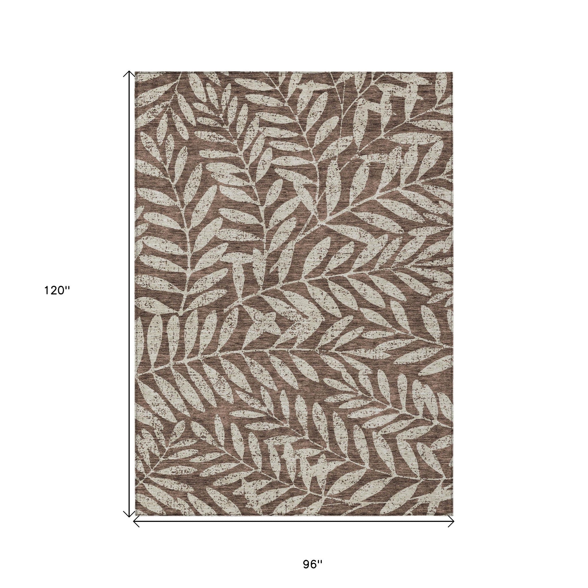 8' X 10' Brown And Beige Floral Washable Indoor Outdoor Area Rug - Outdoor