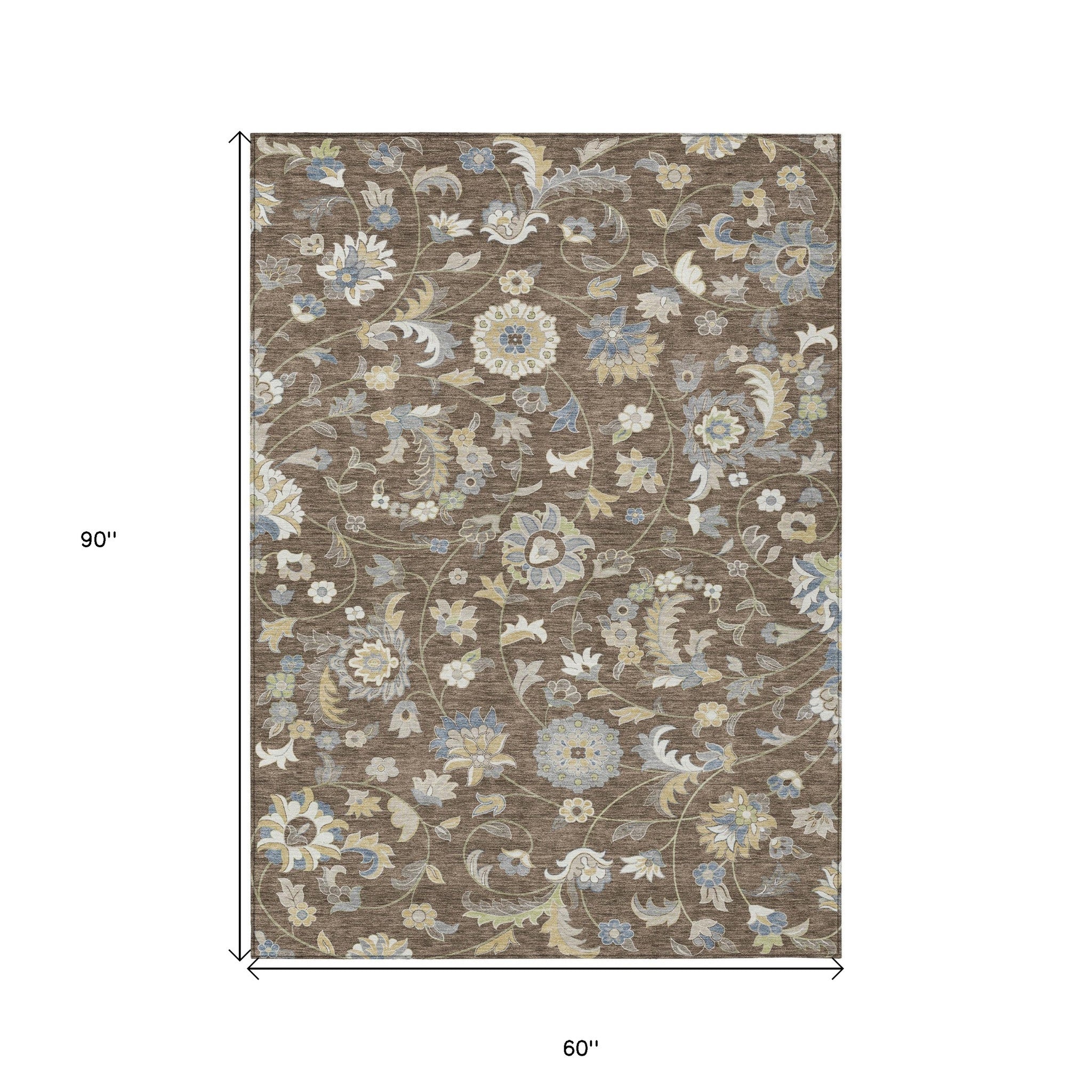 5' X 8' Chocolate Beige And Blue Floral Washable Indoor Outdoor Area Rug - Outdoor