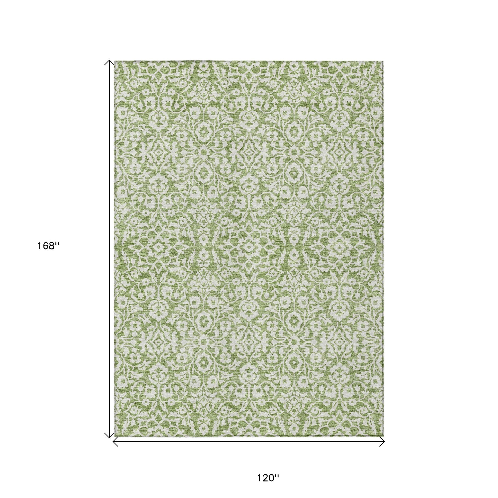 10' X 14' Green And Ivory Damask Washable Indoor Outdoor Area Rug - Outdoor