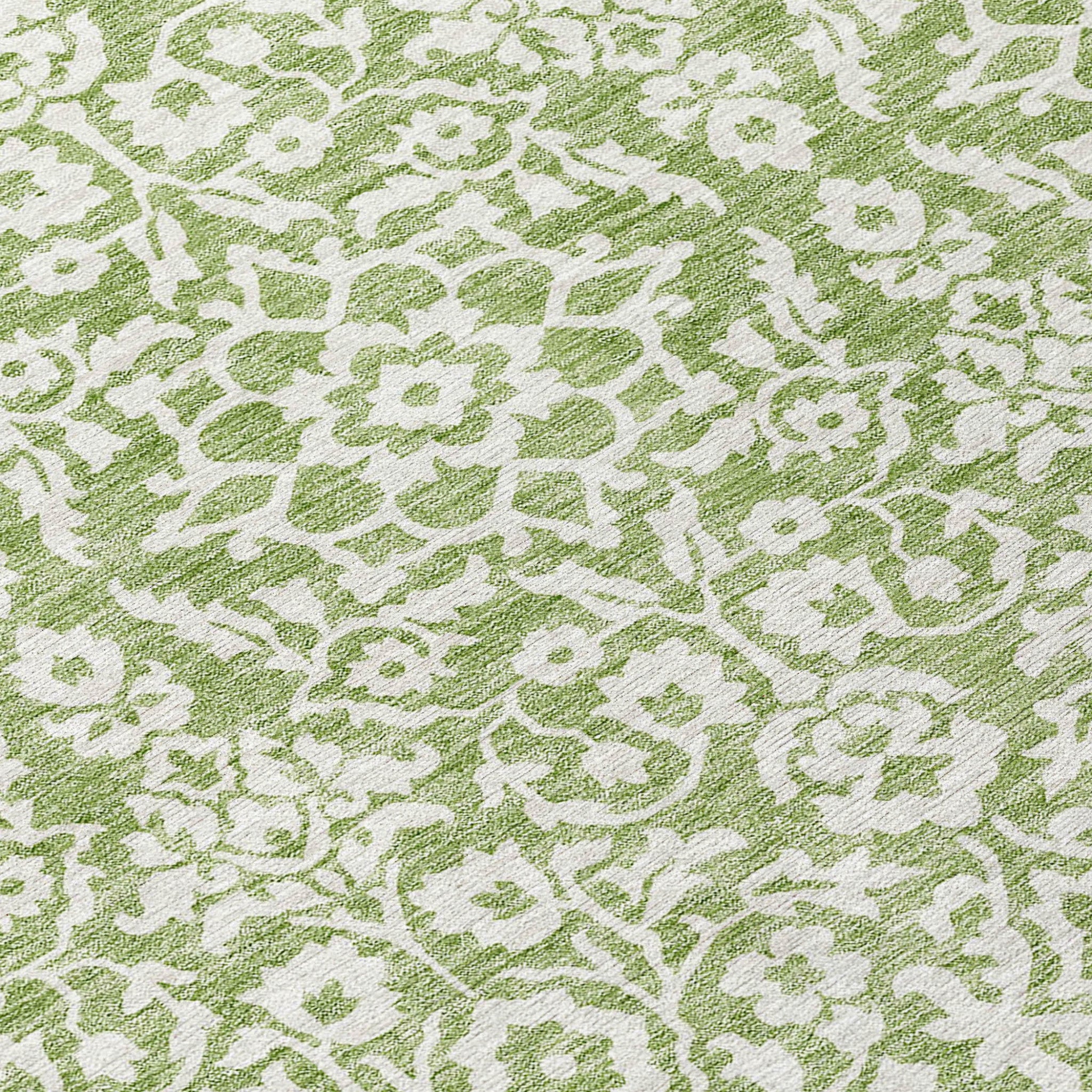 10' X 14' Green And Ivory Damask Washable Indoor Outdoor Area Rug - Outdoor