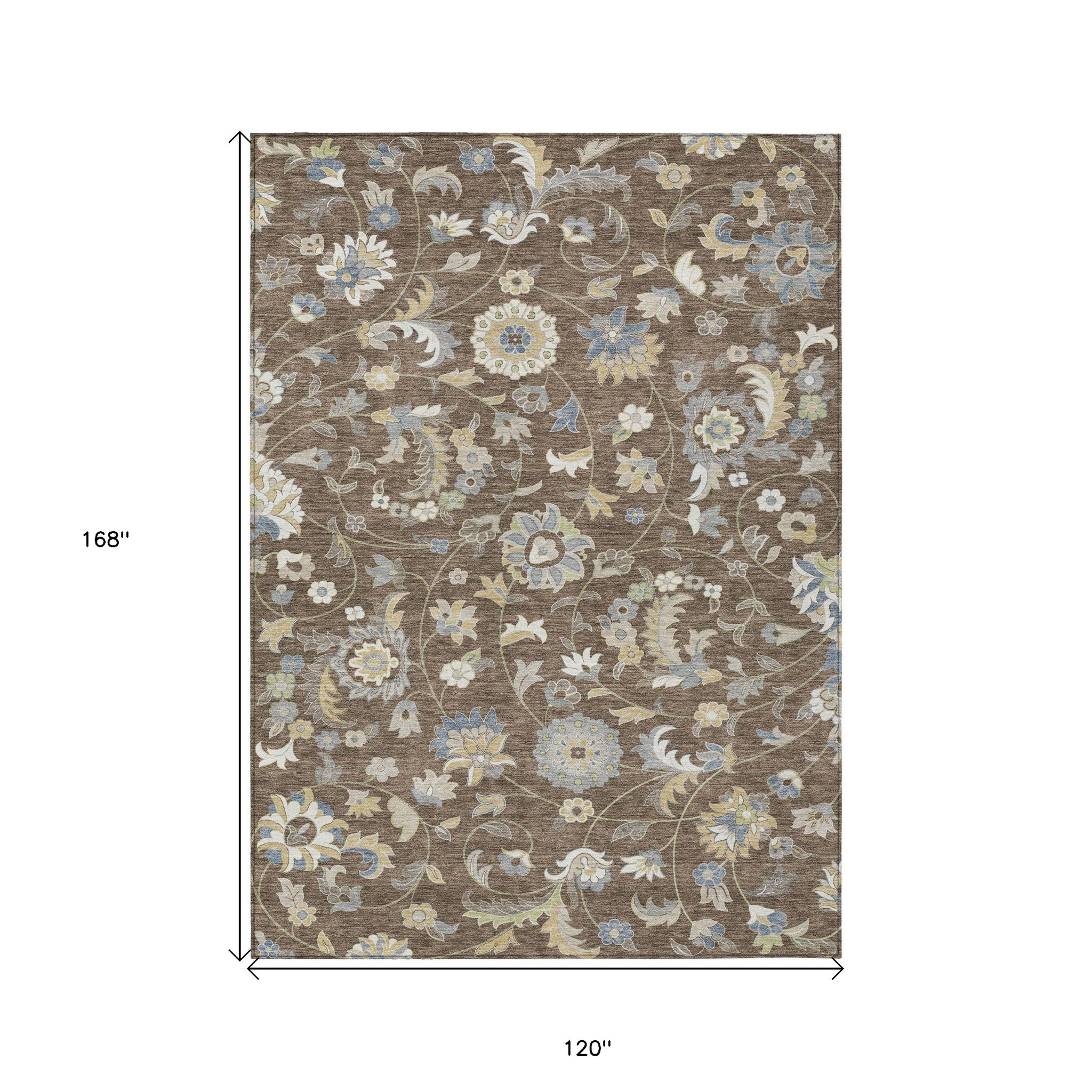 10' X 14' Chocolate Beige And Blue Floral Washable Indoor Outdoor Area Rug - Outdoor