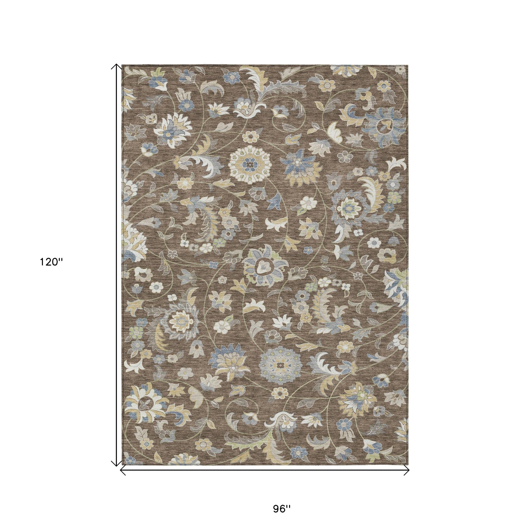 8' X 10' Chocolate Beige And Blue Floral Washable Indoor Outdoor Area Rug - Outdoor