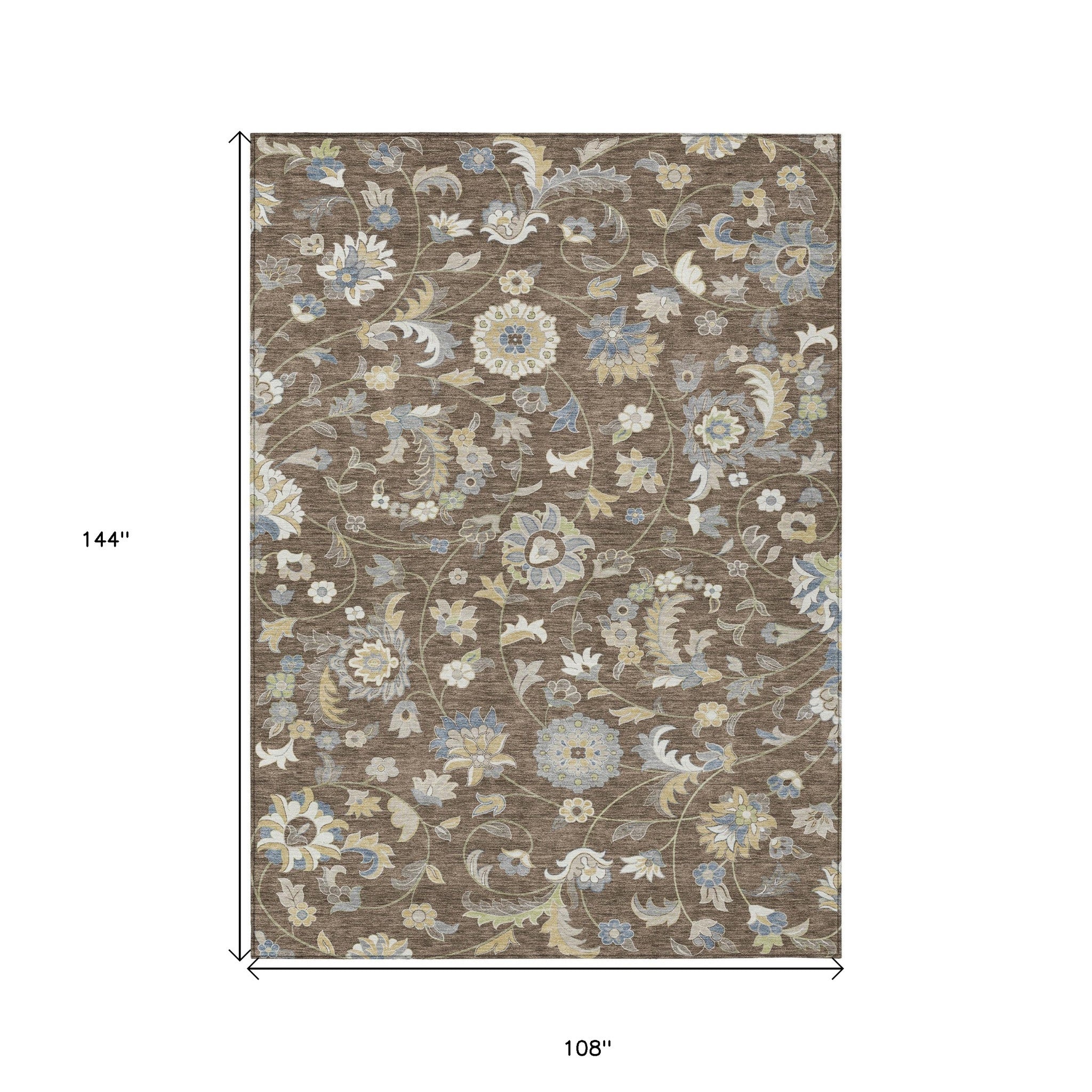 9' X 12' Chocolate Beige And Blue Floral Washable Indoor Outdoor Area Rug - Outdoor