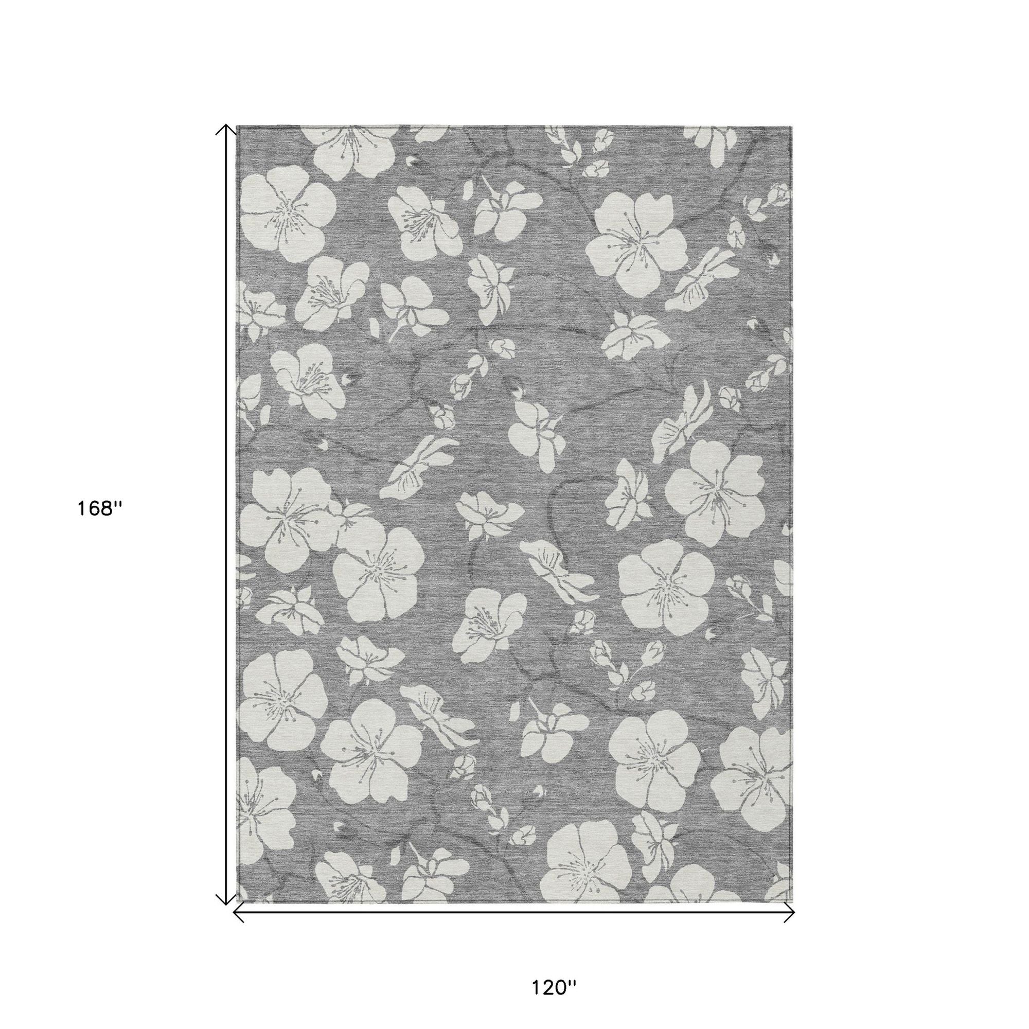 10' X 14' Gray And Ivory Floral Washable Indoor Outdoor Area Rug - Sports & Outdoor