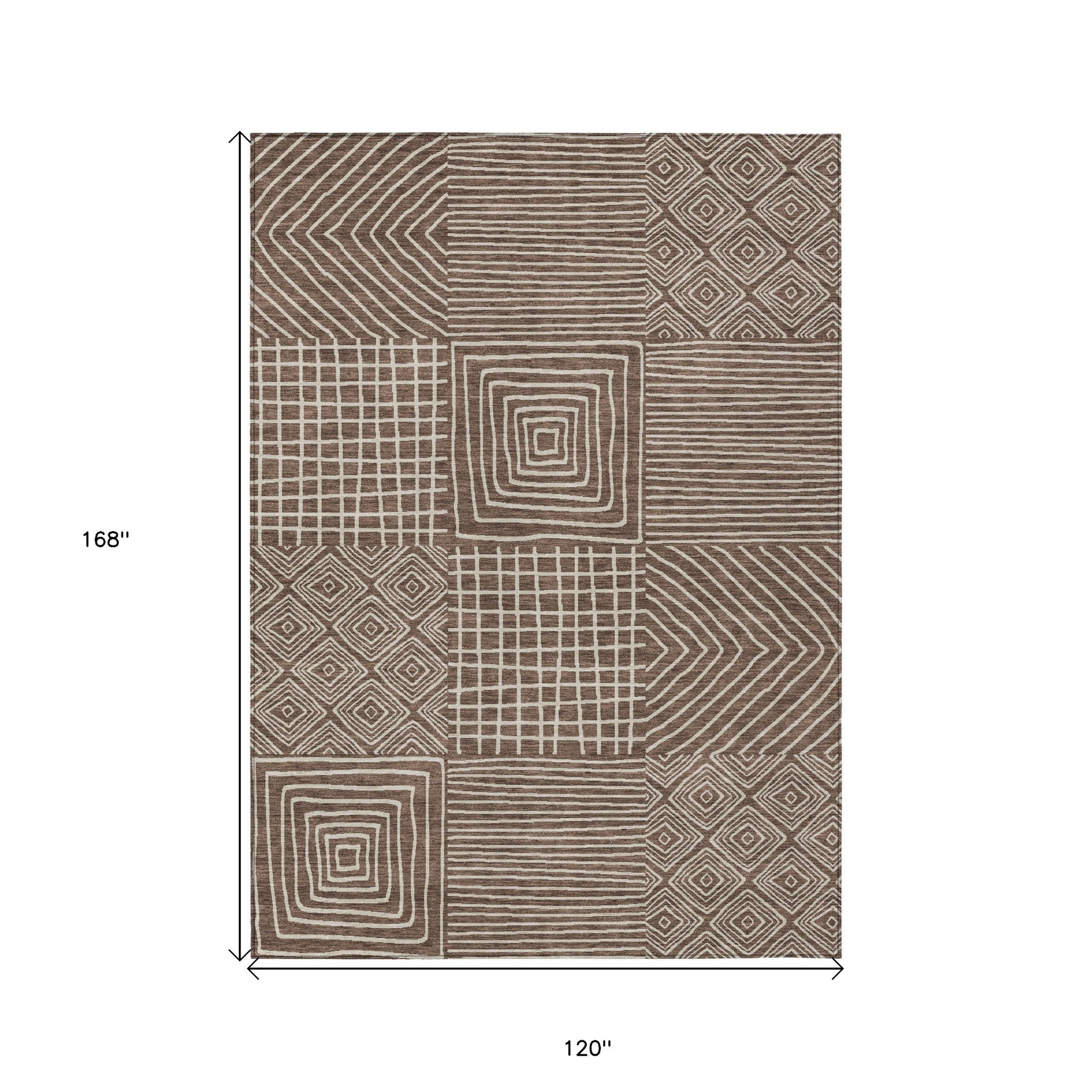 10' X 14' Brown And Ivory Geometric Washable Indoor Outdoor Area Rug - Outdoor