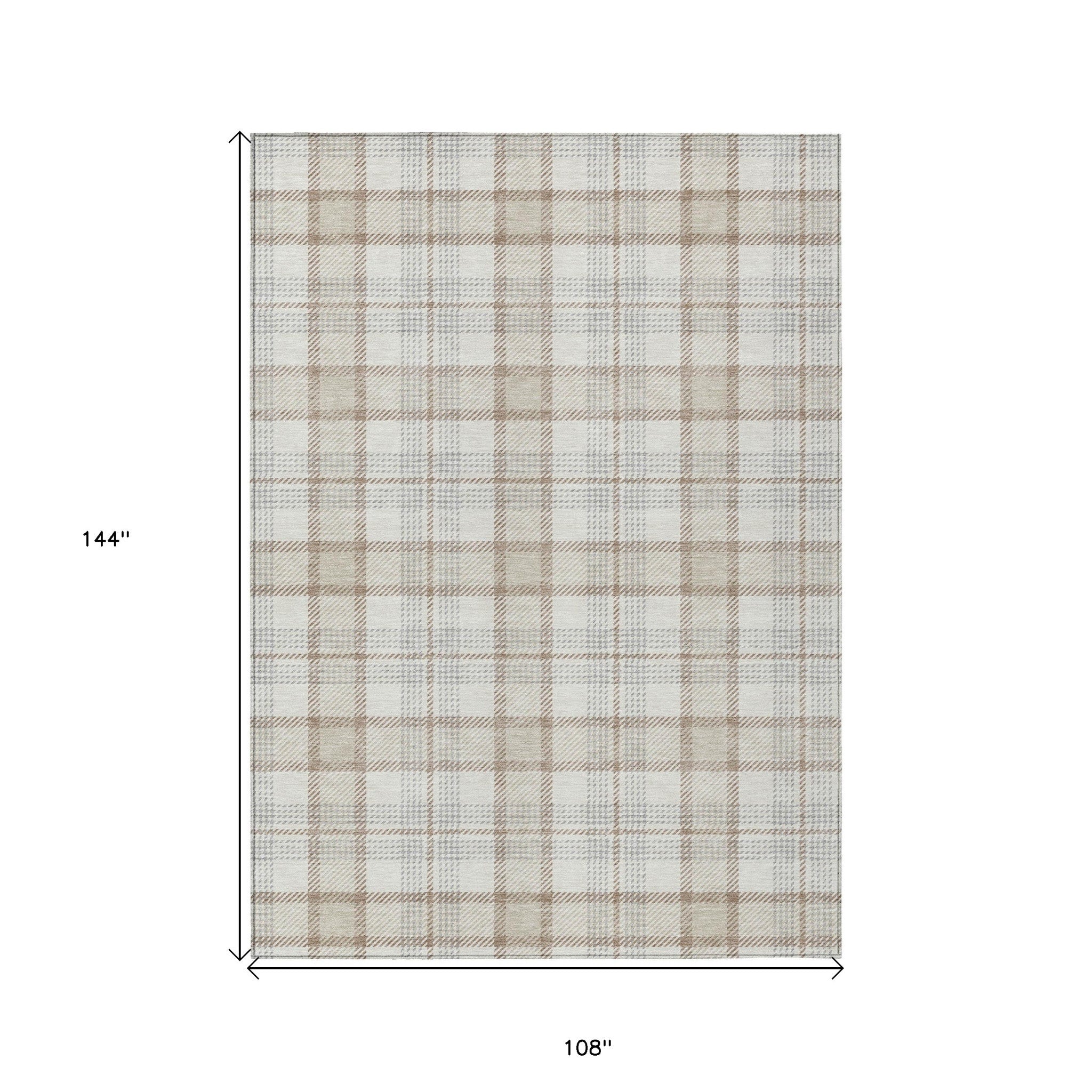 9' X 12' Linen And Brown Plaid Washable Indoor Outdoor Area Rug - Outdoor