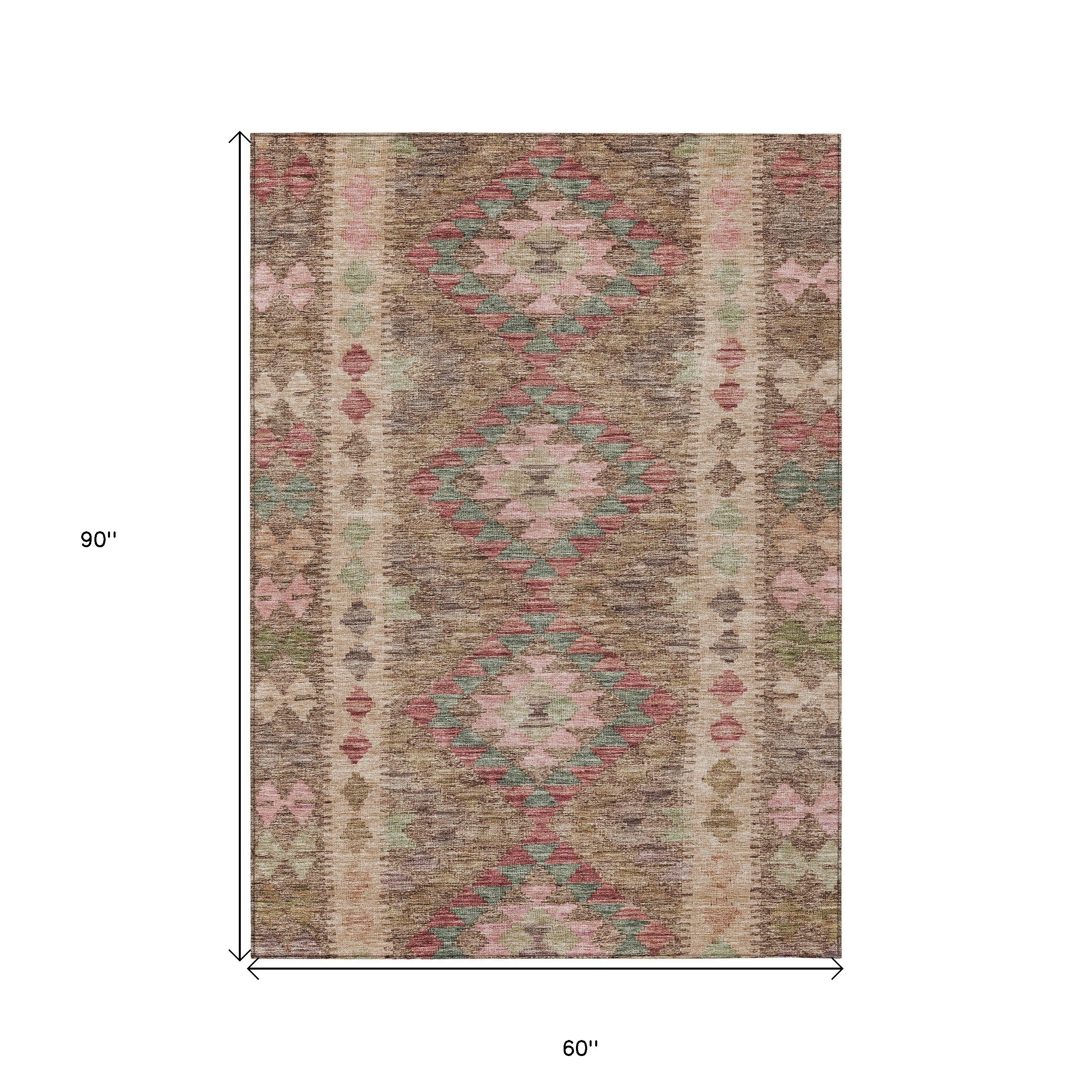 5' X 8' Brown Geometric Washable Indoor Outdoor Area Rug - Sports & Outdoor