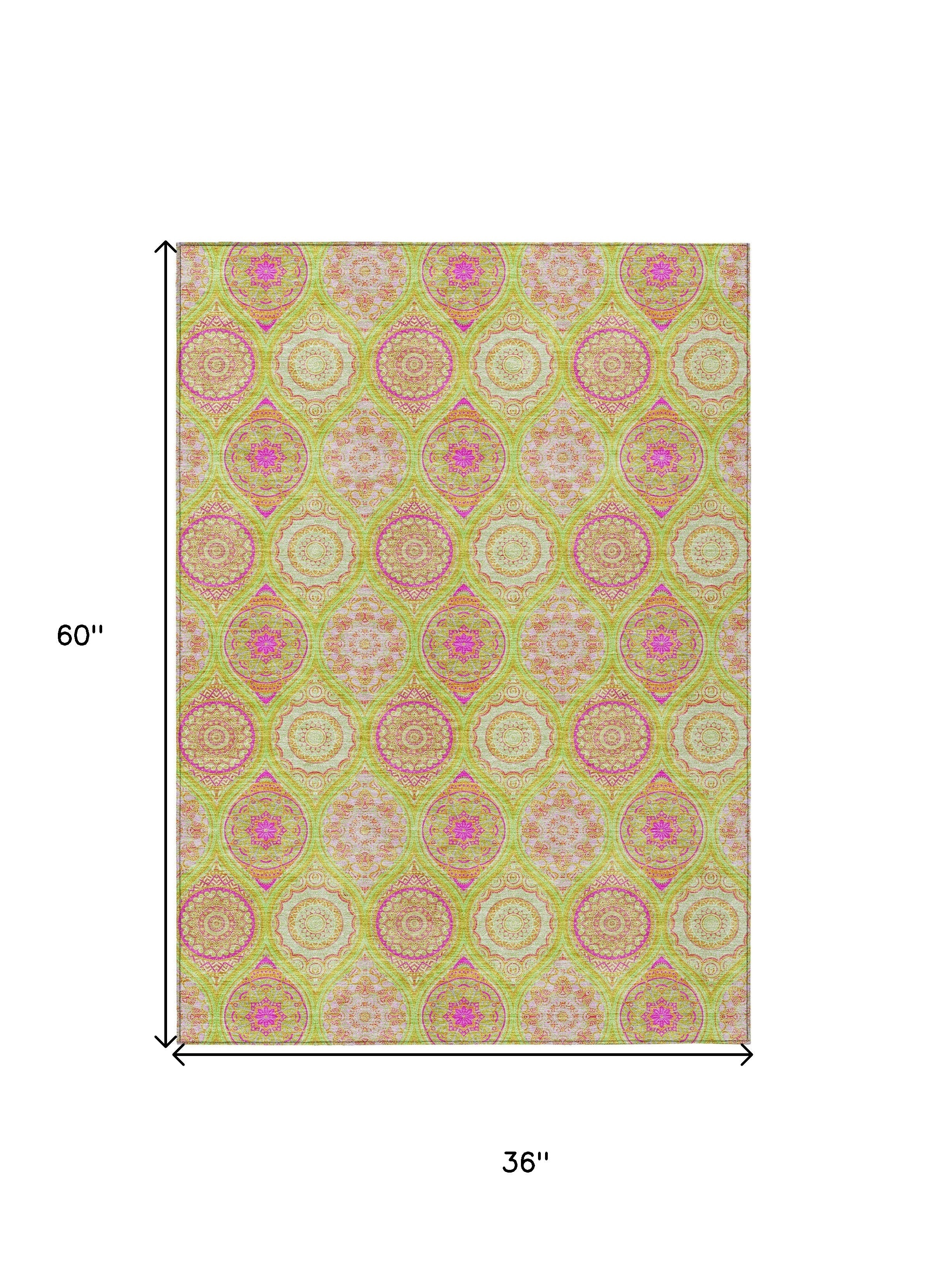3' X 5' Lime Green Pink And Ivory Floral Medallion Washable Indoor Outdoor Area Rug - Sports & Outdoor