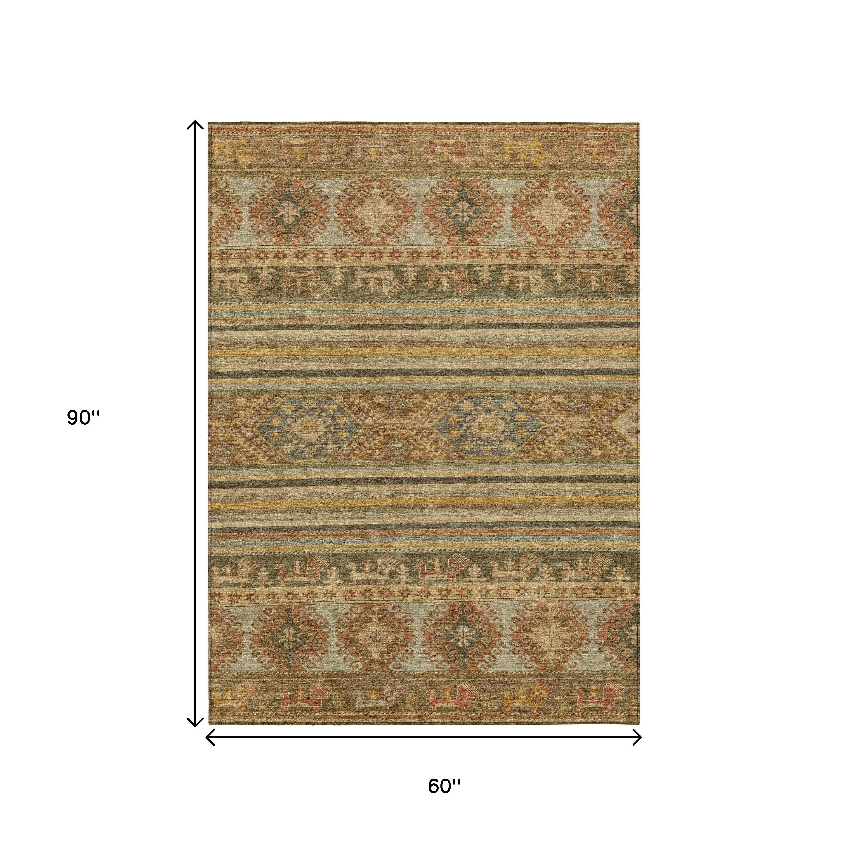 5' X 8' Beige Taupe And Gold Tribal Washable Indoor Outdoor Area Rug - Sports & Outdoor