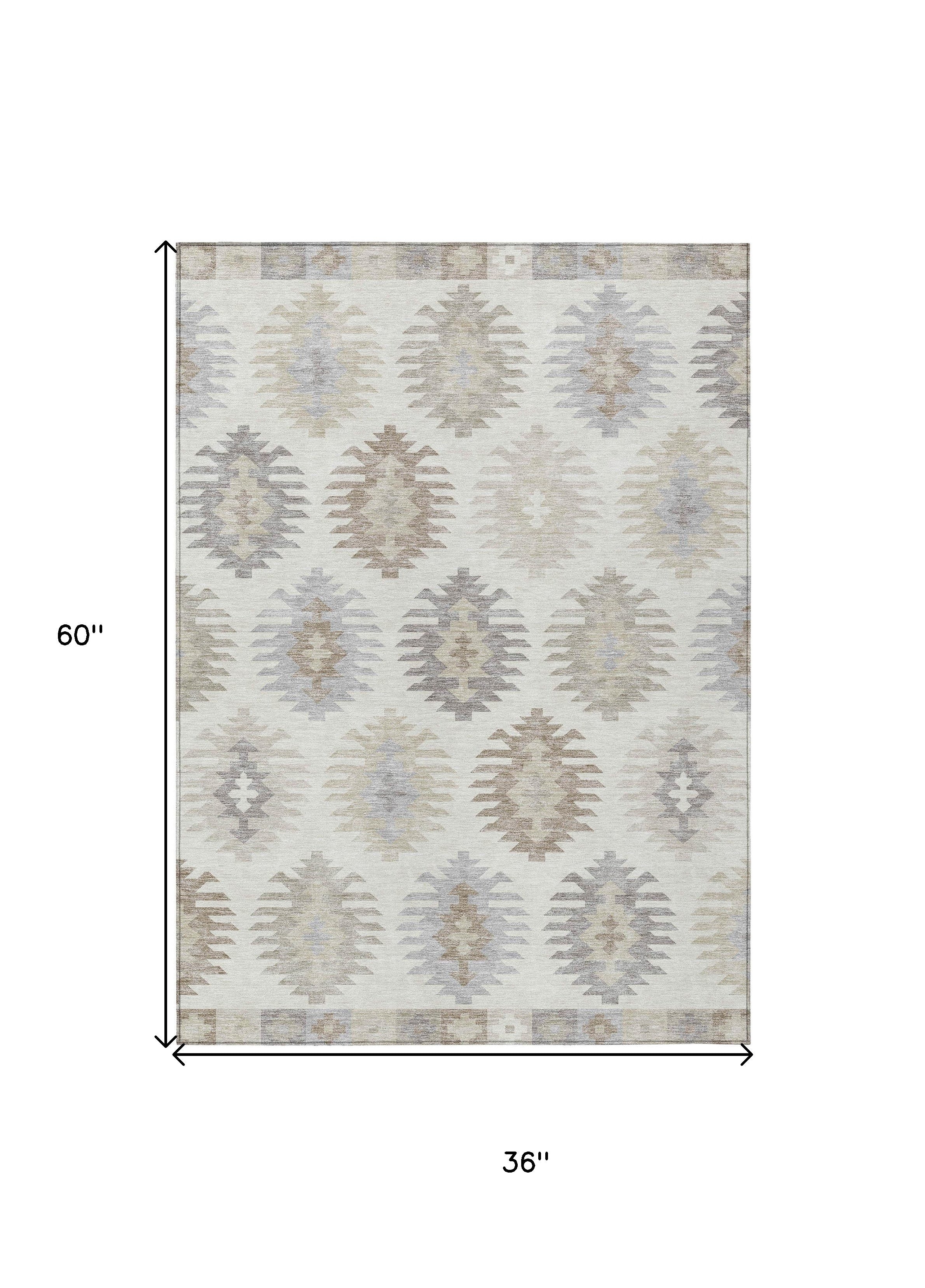 3' X 5' Ivory Khaki And Gray Southwestern Washable Indoor Outdoor Area Rug - Sports & Outdoor