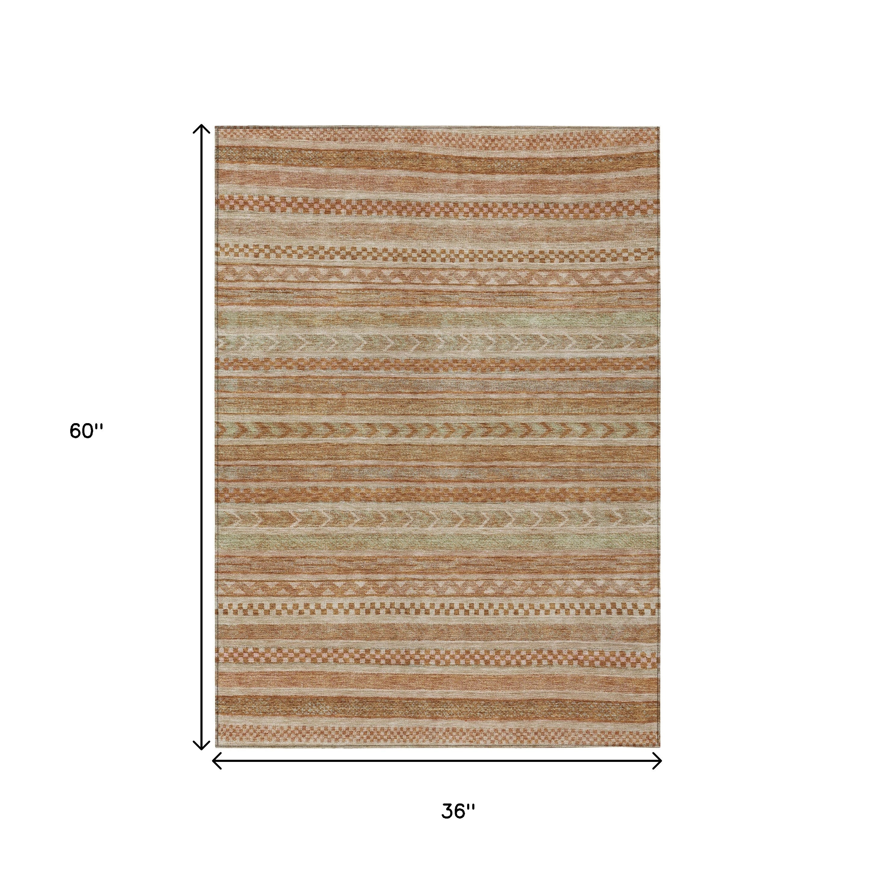 3' X 5' Terra Cotta And Rust Striped Washable Indoor Outdoor Area Rug - Sports & Outdoor
