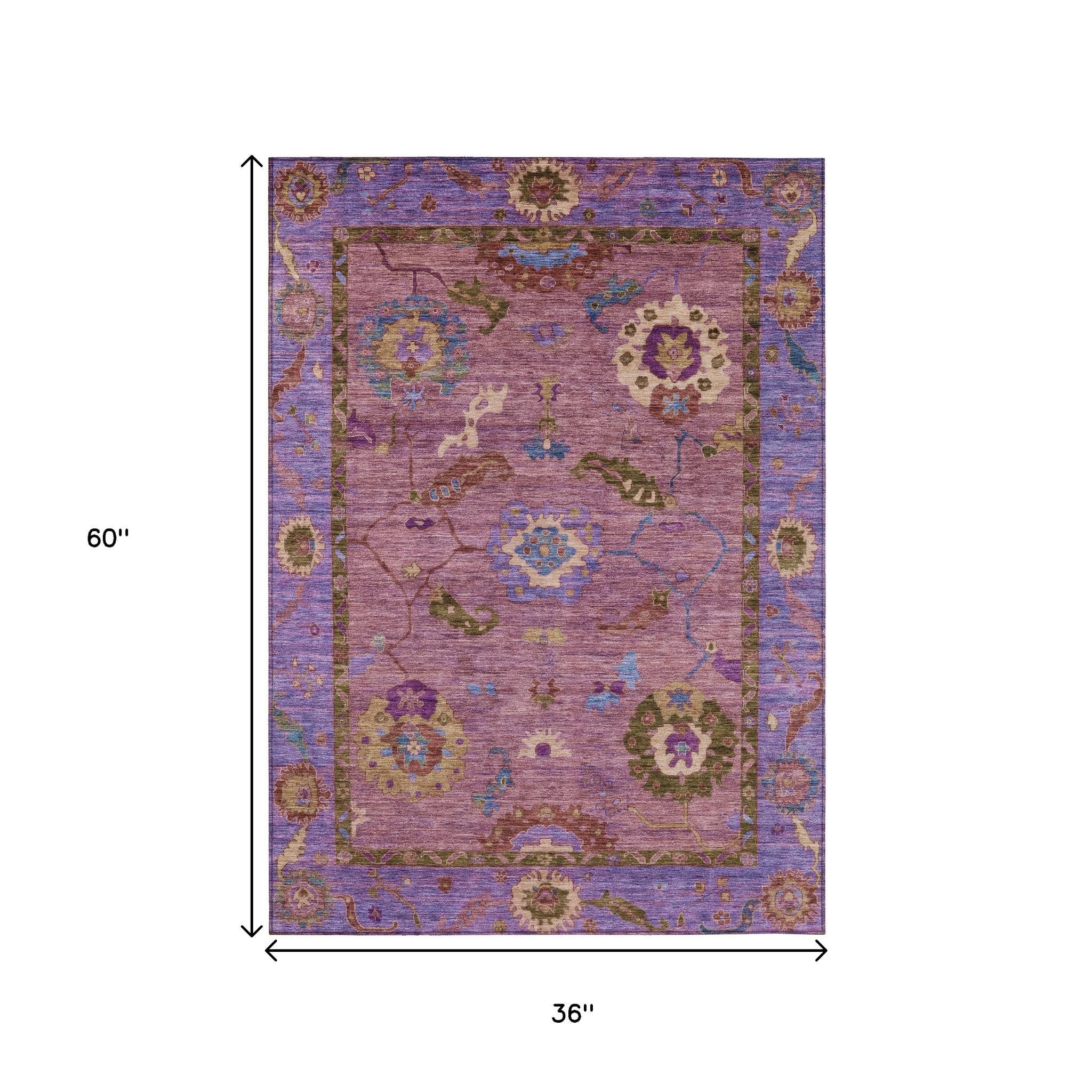 3' X 5' Pink Purple And Gold Floral Medallion Washable Indoor Outdoor Area Rug - Sports & Outdoor