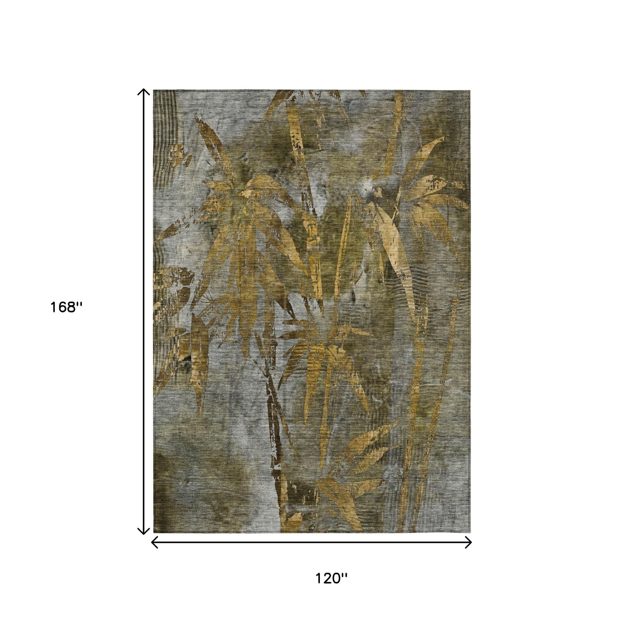 10' X 14' Pewter And Gold Botanical Leaves Washable Indoor Outdoor Area Rug - Sports & Outdoor