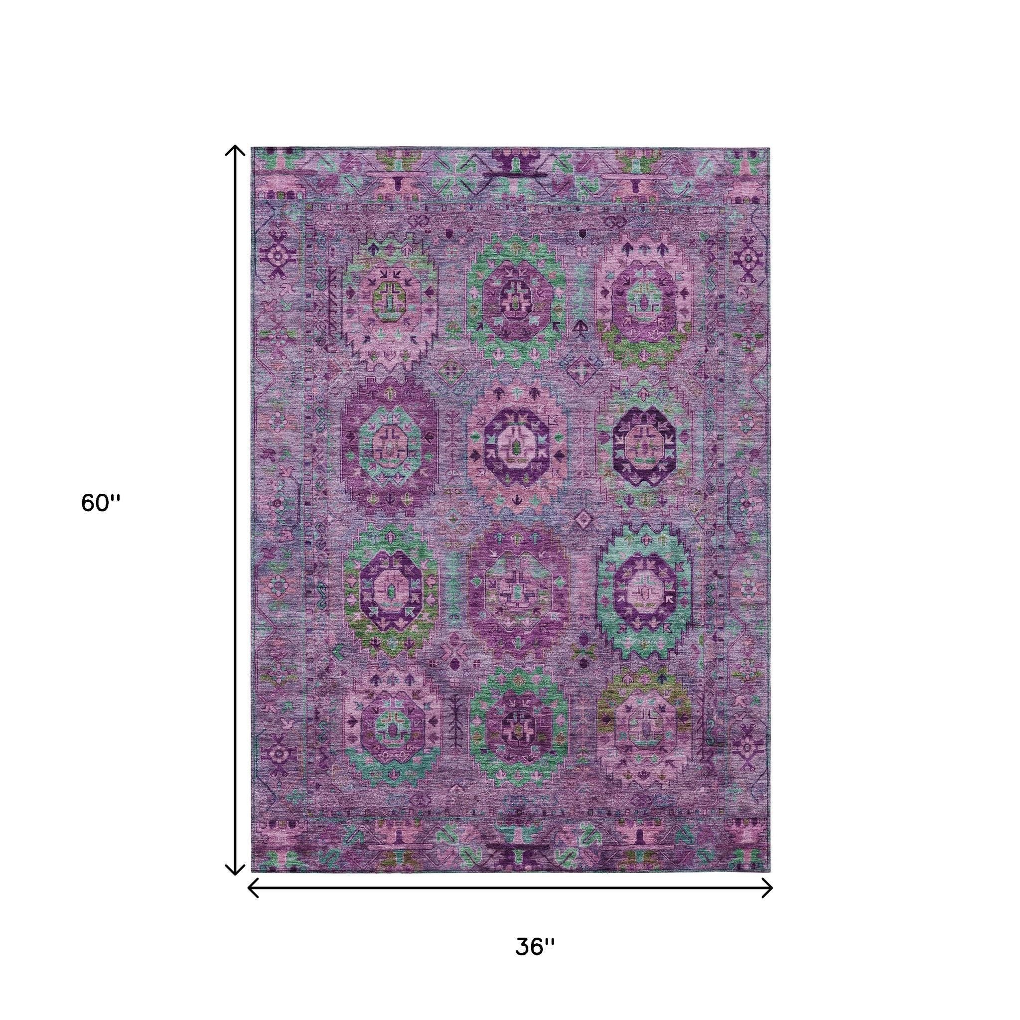 3' X 5' Purple Teal Blue And Green Medallion Washable Indoor Outdoor Area Rug - Sports & Outdoor