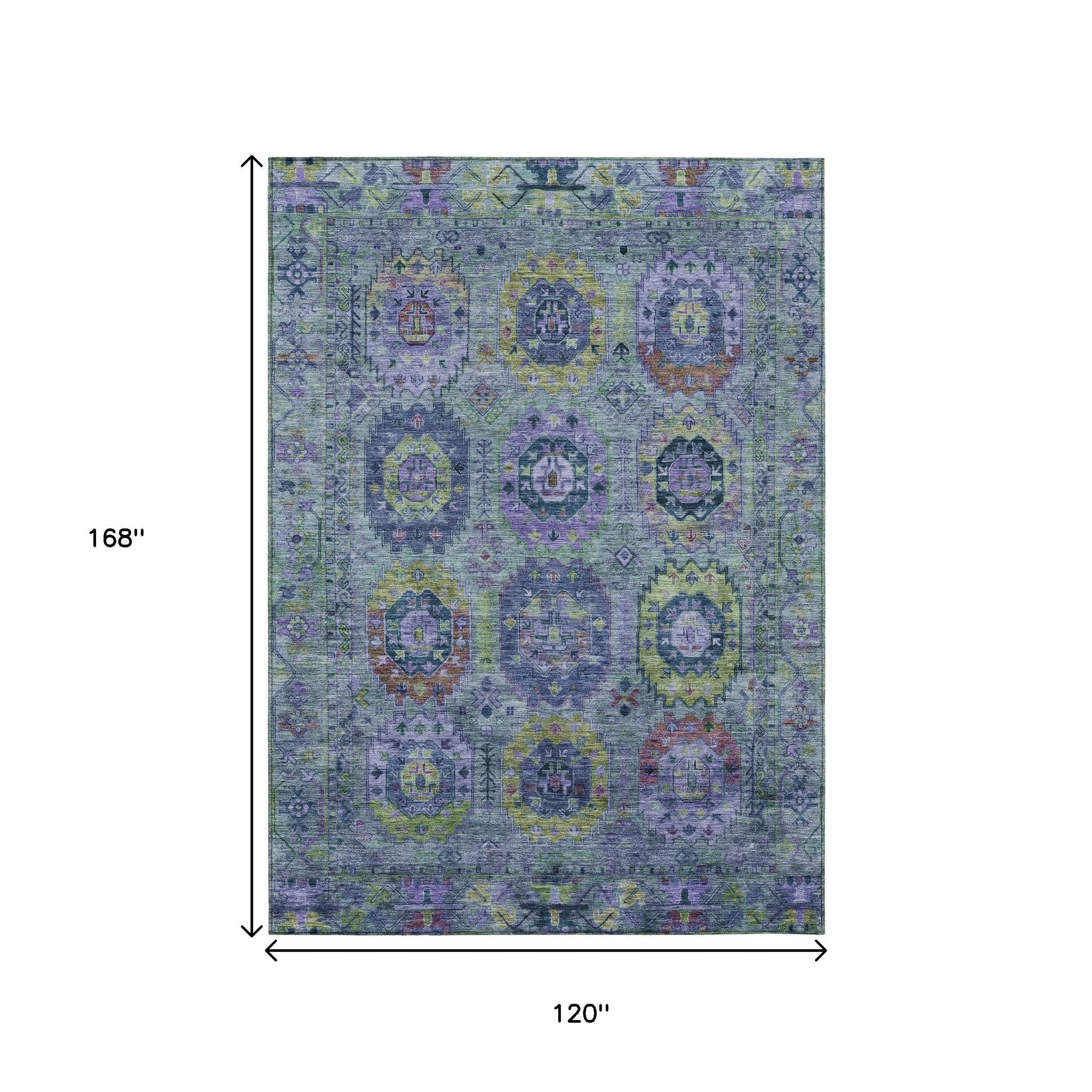 10' X 14' Green Blue And Purple Medallion Washable Indoor Outdoor Area Rug - Sports & Outdoor