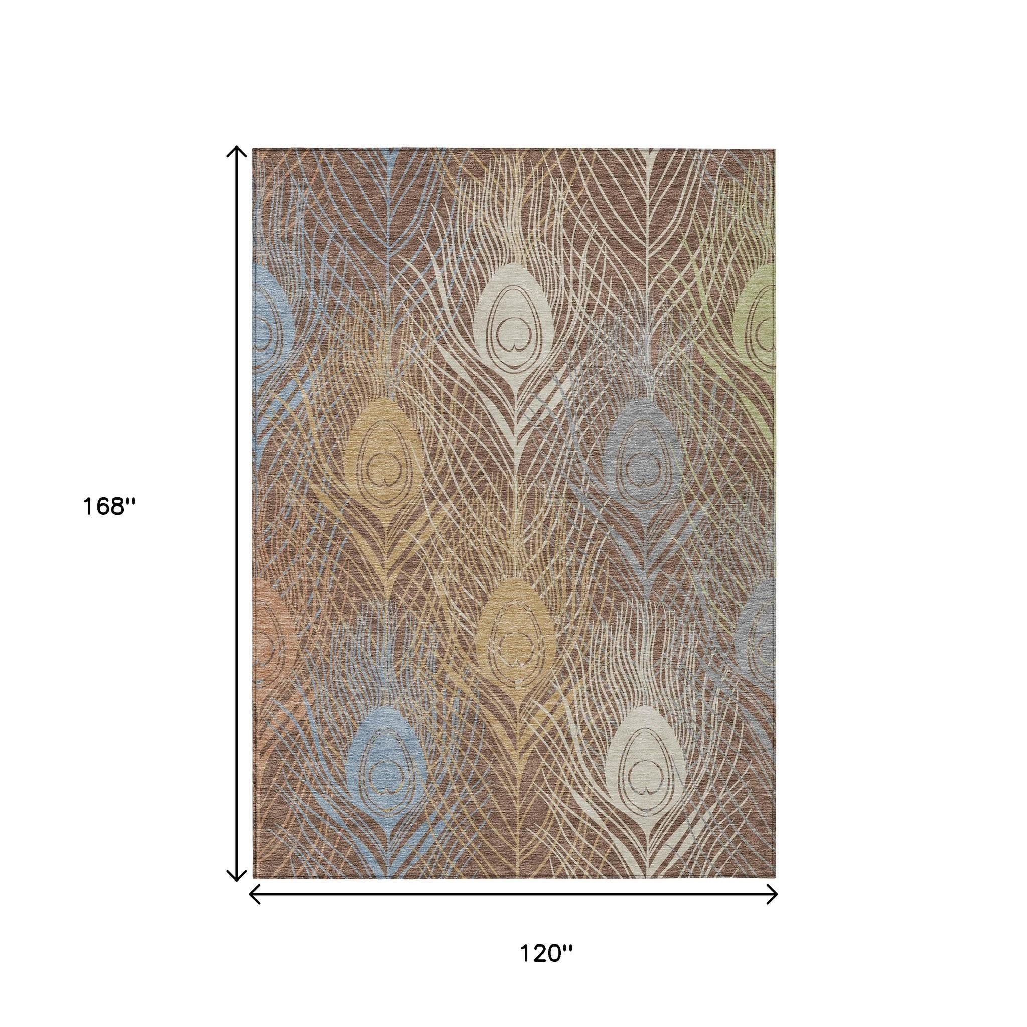 10' X 14' Brown Blue And Gold Floral Washable Indoor Outdoor Area Rug - Sports & Outdoor