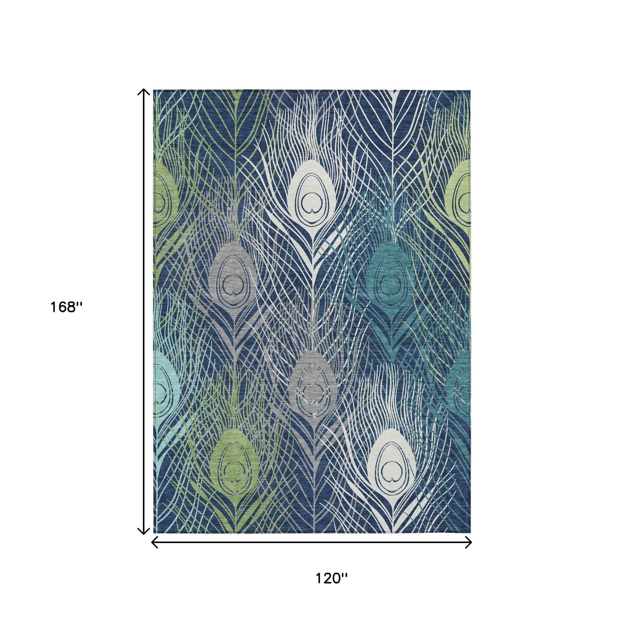 10' X 14' Navy Blue Ivory And Green Floral Washable Indoor Outdoor Area Rug - Sports & Outdoor