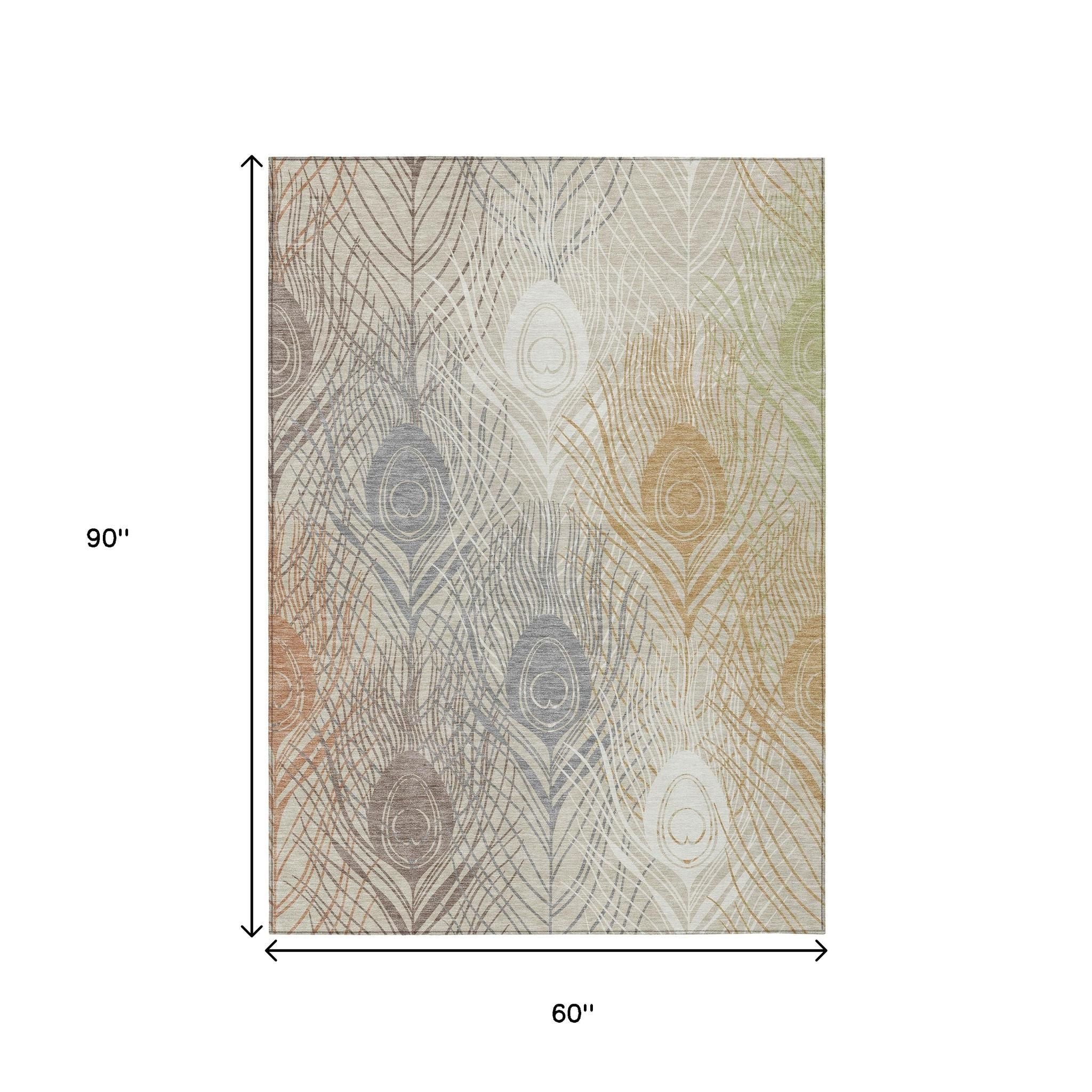 5' X 8' Beige Copper And Gray Floral Washable Indoor Outdoor Area Rug - Sports & Outdoor