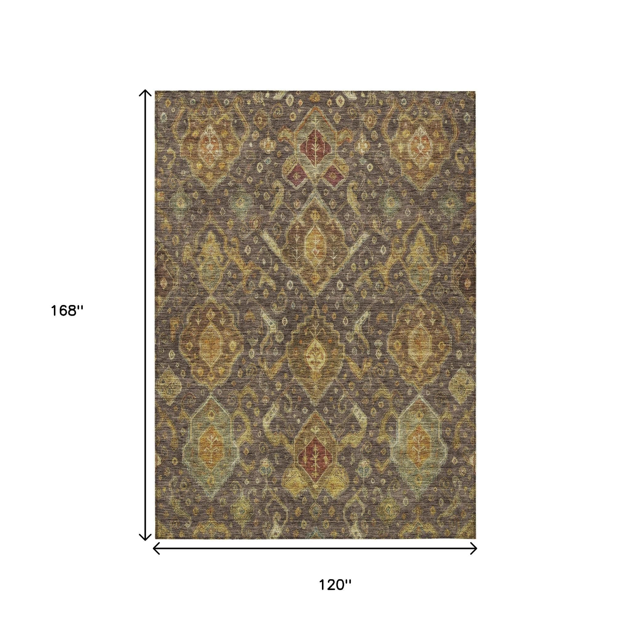 10' X 14' Chocolate Gold And Burgundy Ikat Washable Indoor Outdoor Area Rug - Sports & Outdoor