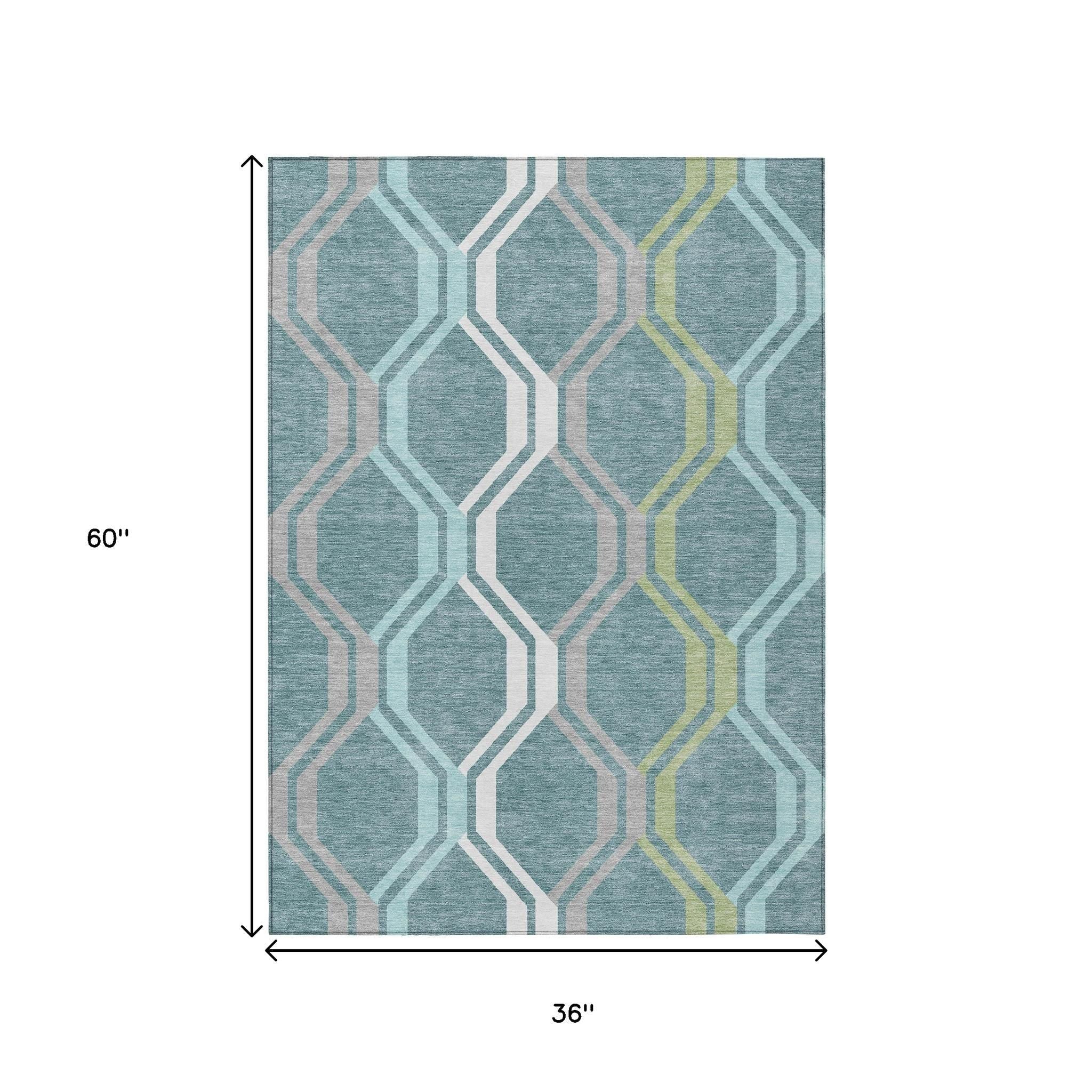 3' X 5' Teal Blue Gray And Ivory Geometric Washable Indoor Outdoor Area Rug - Sports & Outdoor