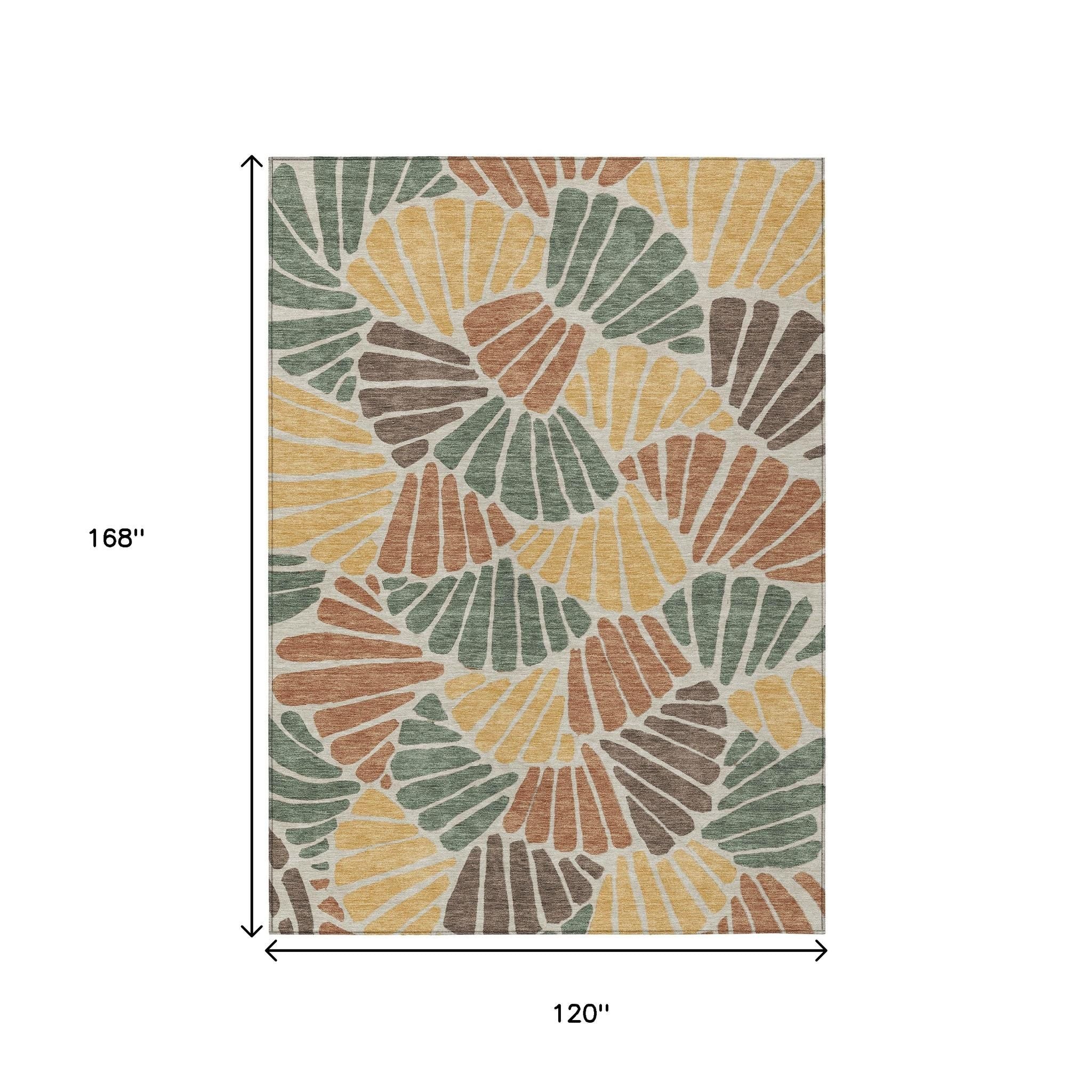10' X 14' Artichoke Green Copper And Gold Floral Washable Indoor Outdoor Area Rug - Sports & Outdoor