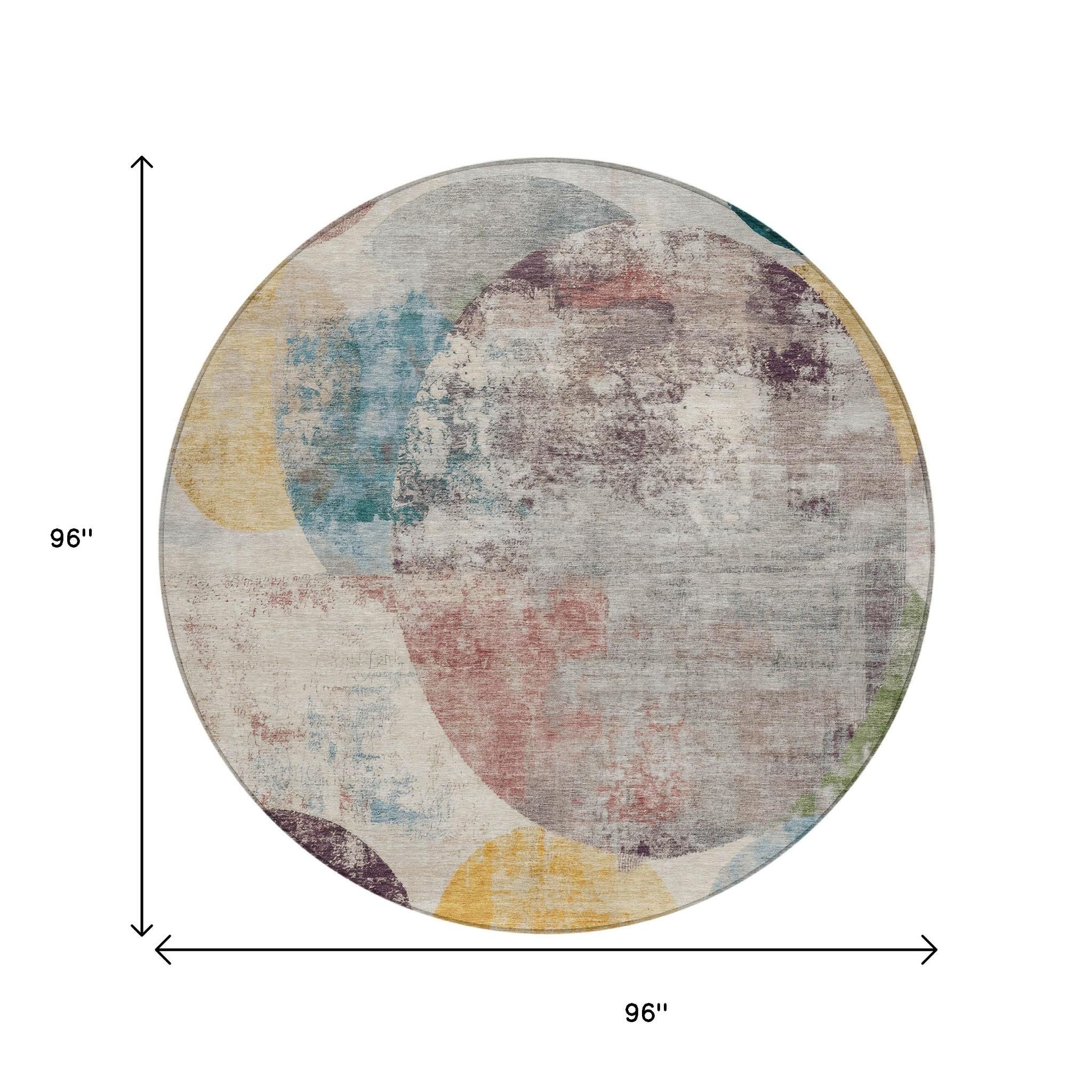 8' Beige Teal Blue And Gold Round Geometric Washable Indoor Outdoor Area Rug - Sports & Outdoor